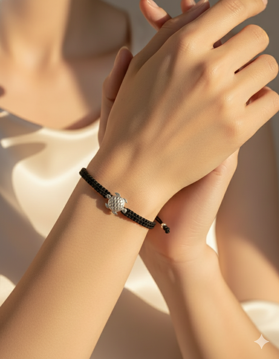 925 Sterling Silver Turtle & Cowrie Shell Black Braided Adjustable Bracelet for Men & Women