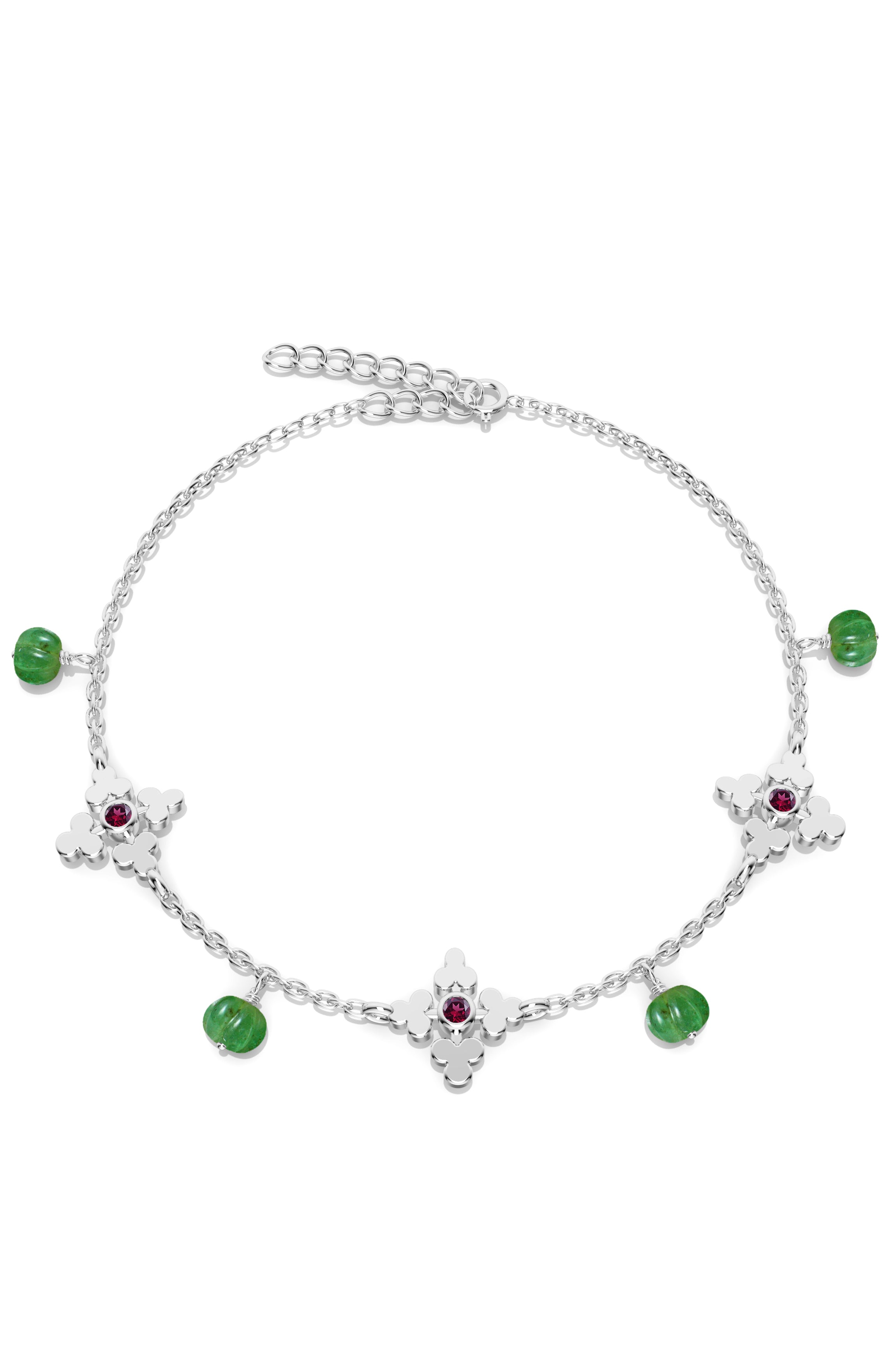 925 Sterling Silver Charm & Green Jade Bead Anklet