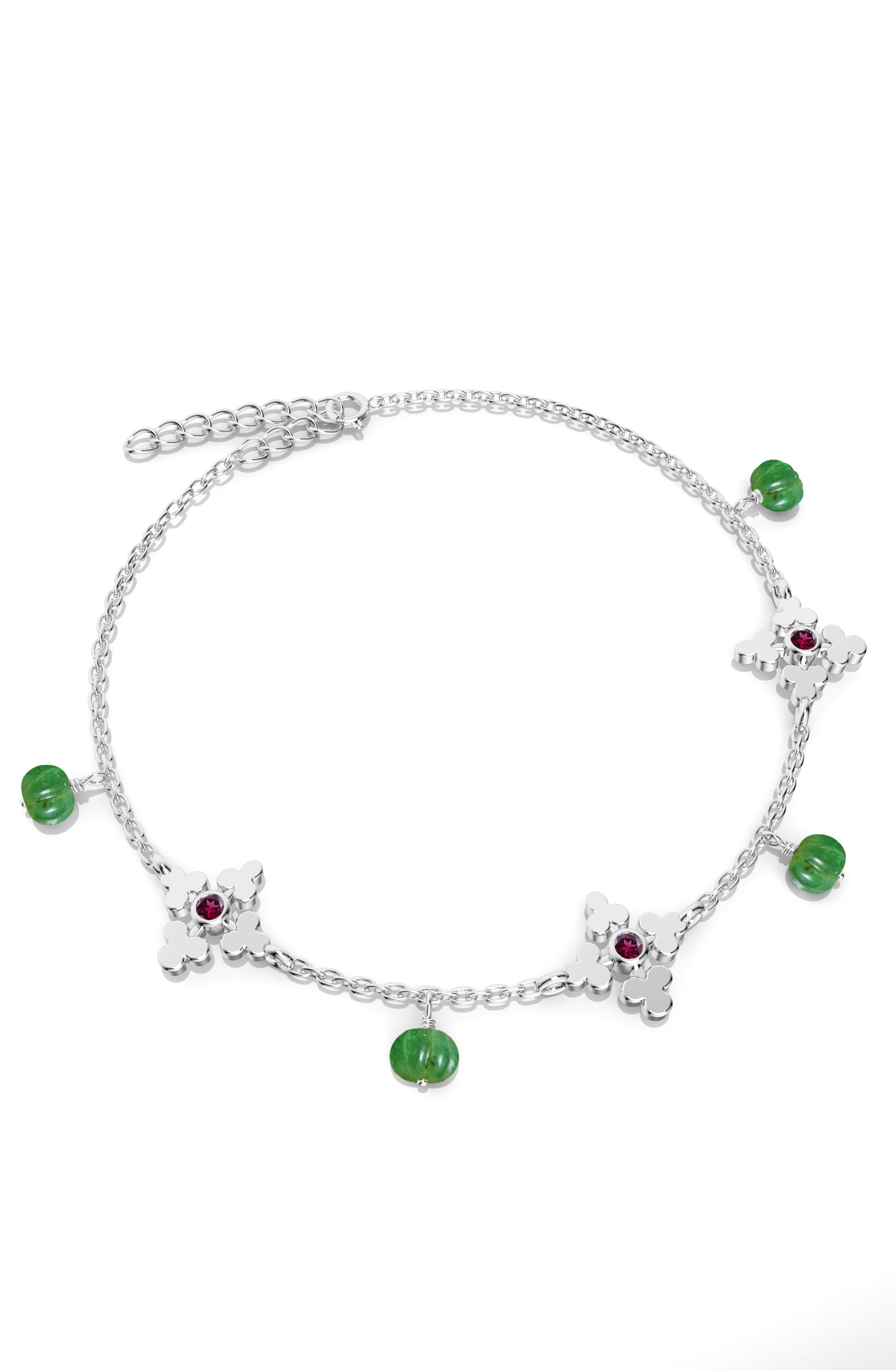 925 Sterling Silver Charm & Green Jade Bead Anklet