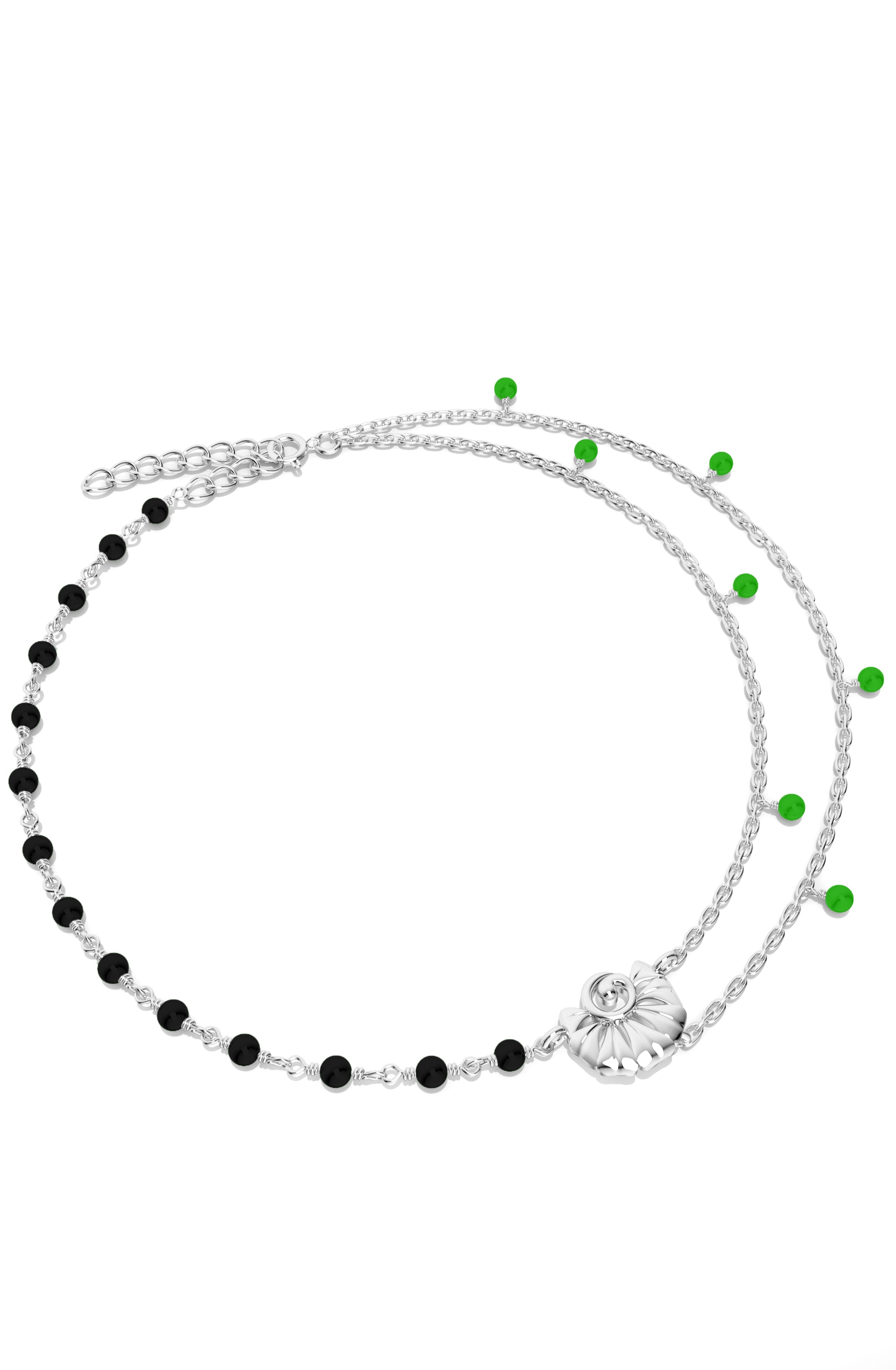 Sterling Silver Double-Layer Green Jade & Black Bead Anklet