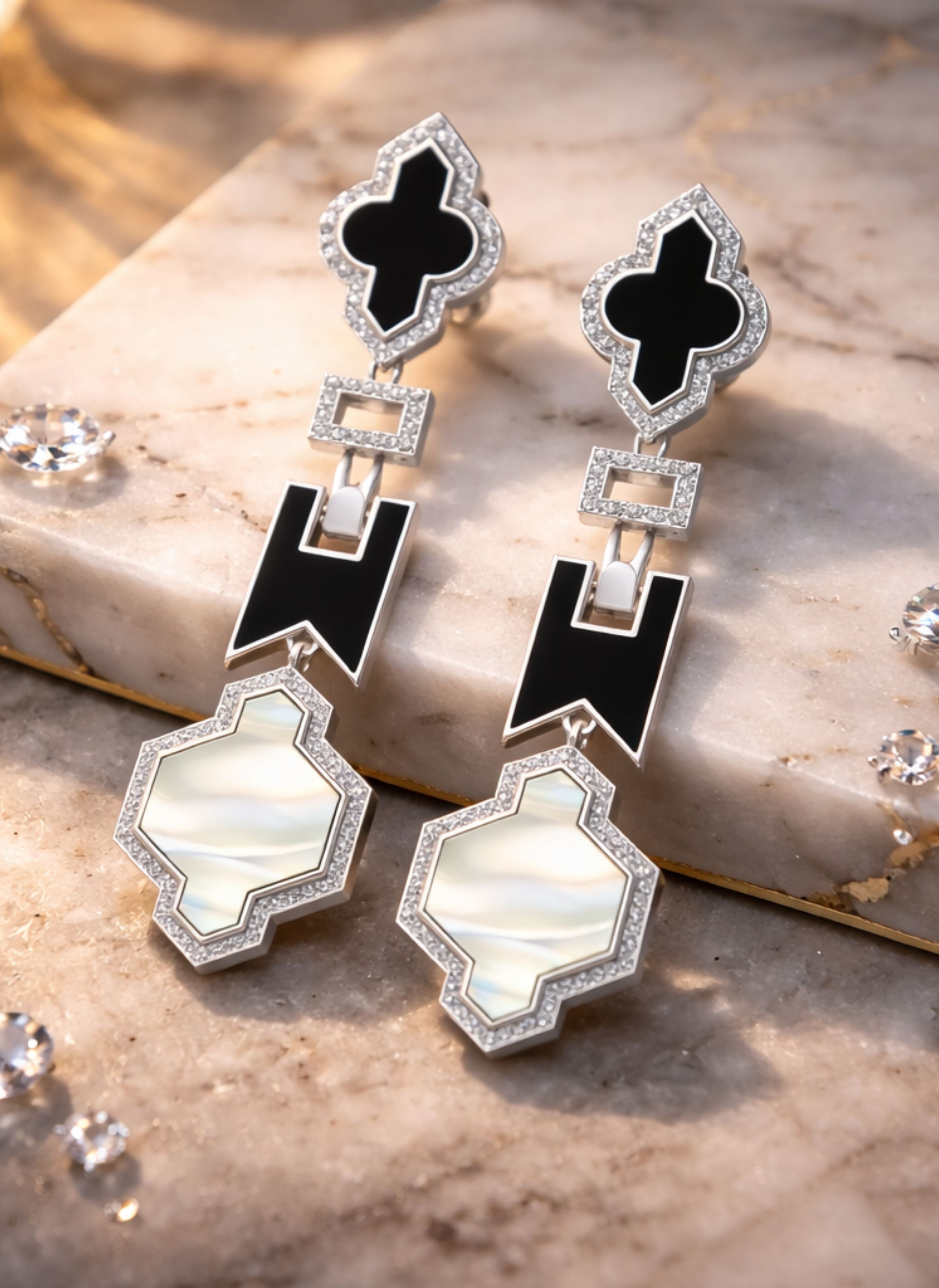 Onyx & Mother of Pearl Geometric Drop 925 Silver Earrings - Art Deco-Inspired