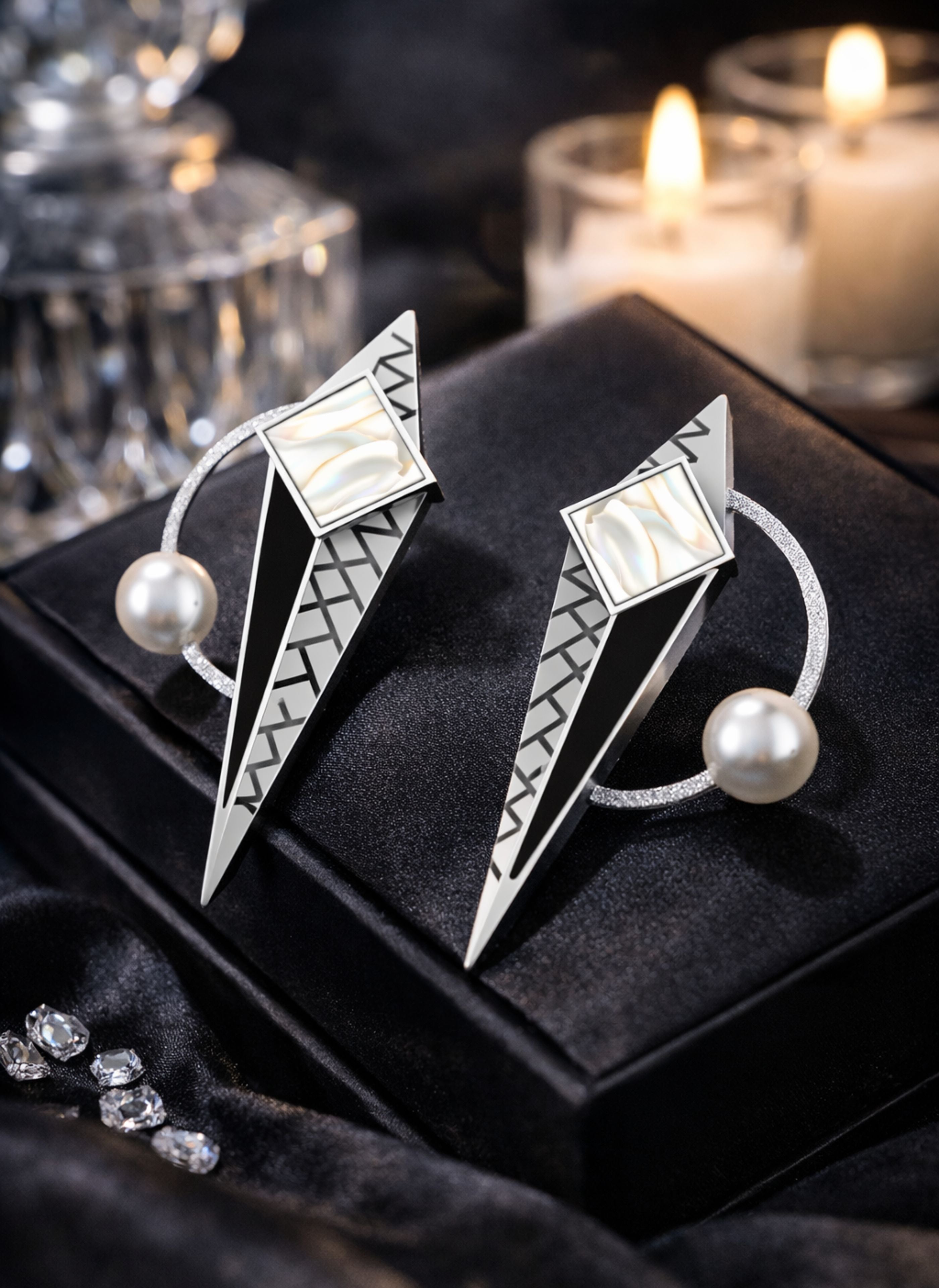 Art Deco Geometric Rhodium-Plated Sterling Silver Statement Earrings