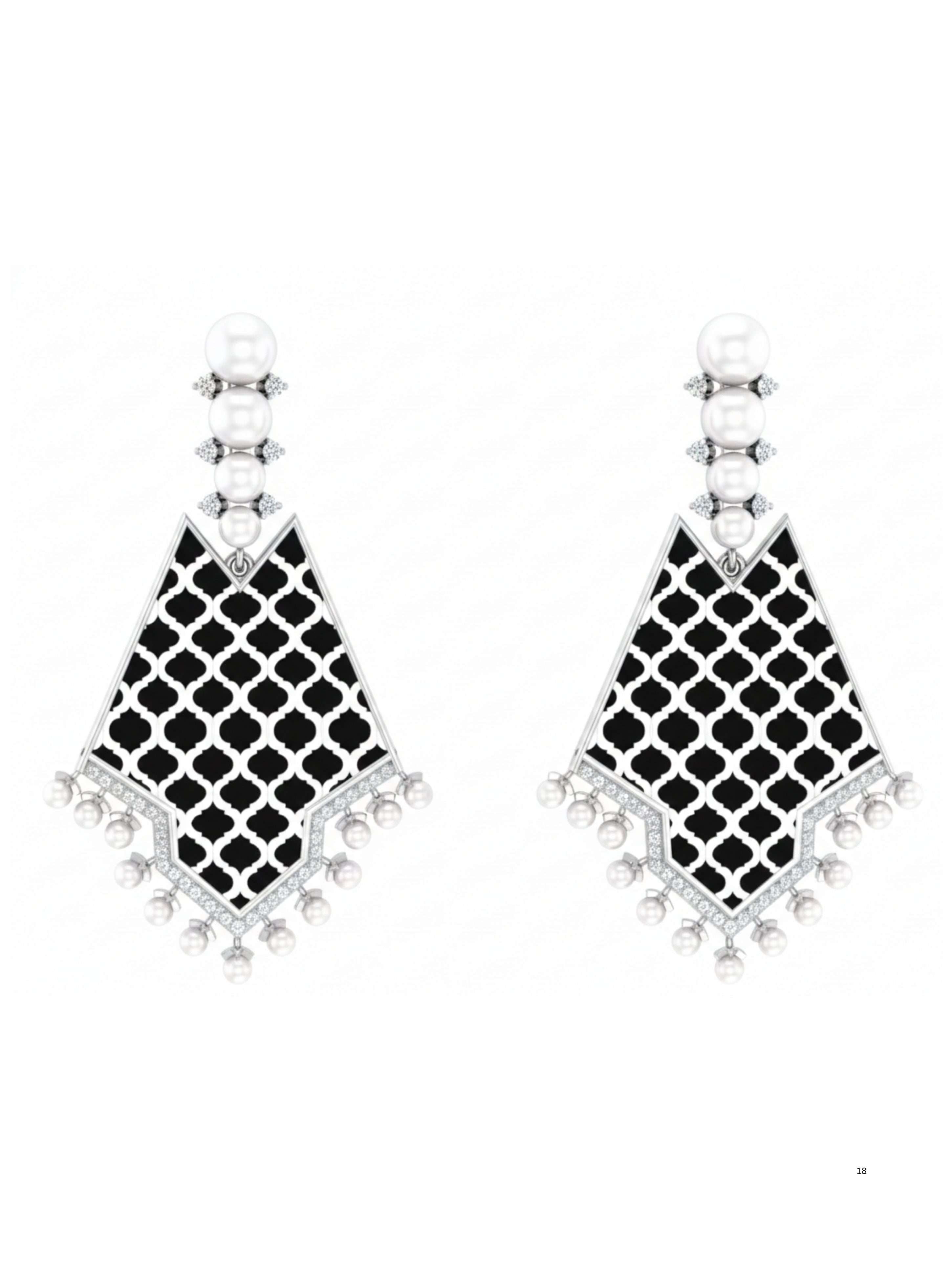 Art Deco-Inspired Geometric Drop Earrings in 925 Sterling Silver with Black Onyx, Moissanite, and Pearls