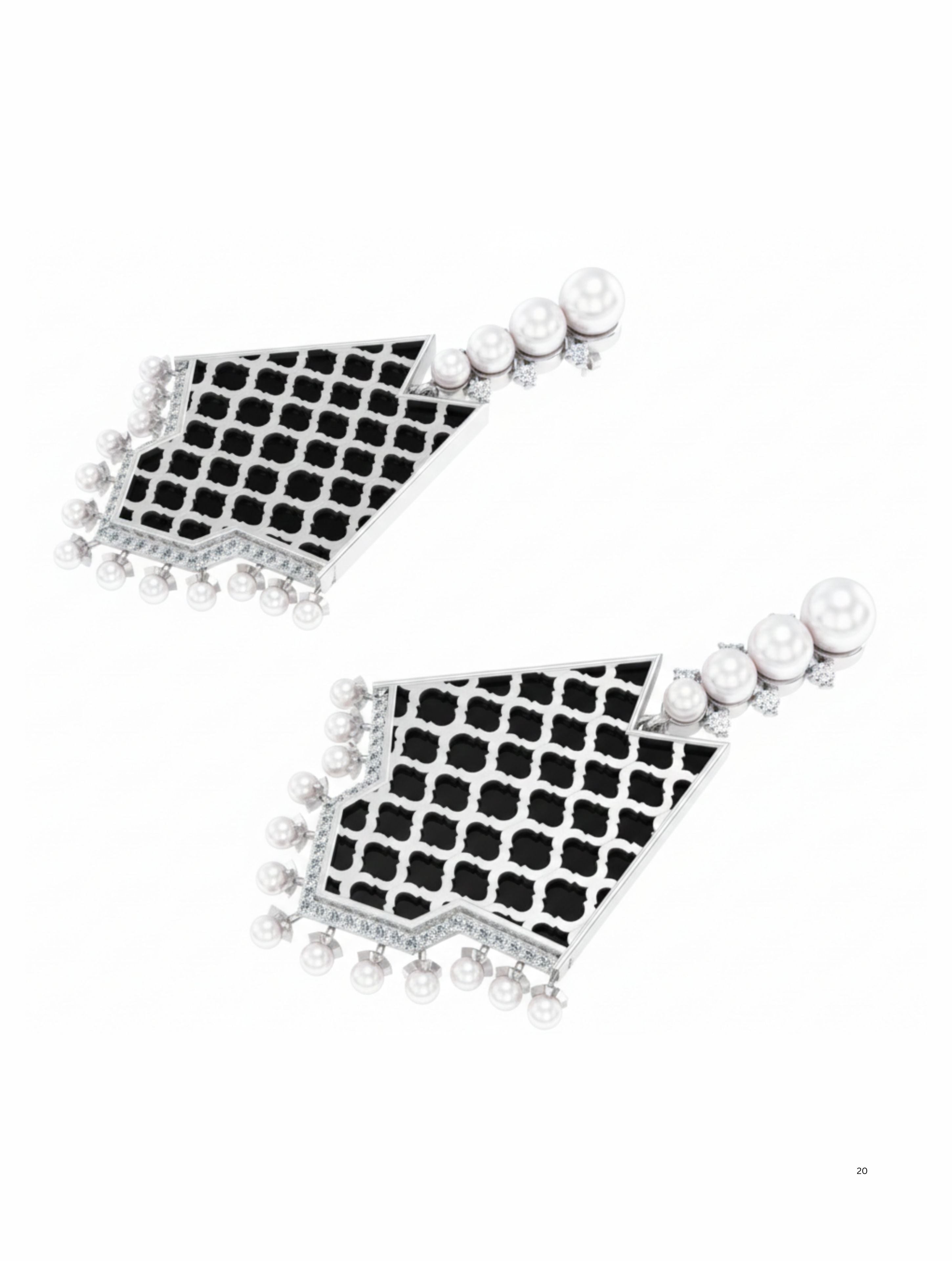 Art Deco-Inspired Geometric Drop Earrings in 925 Sterling Silver with Black Onyx, Moissanite, and Pearls
