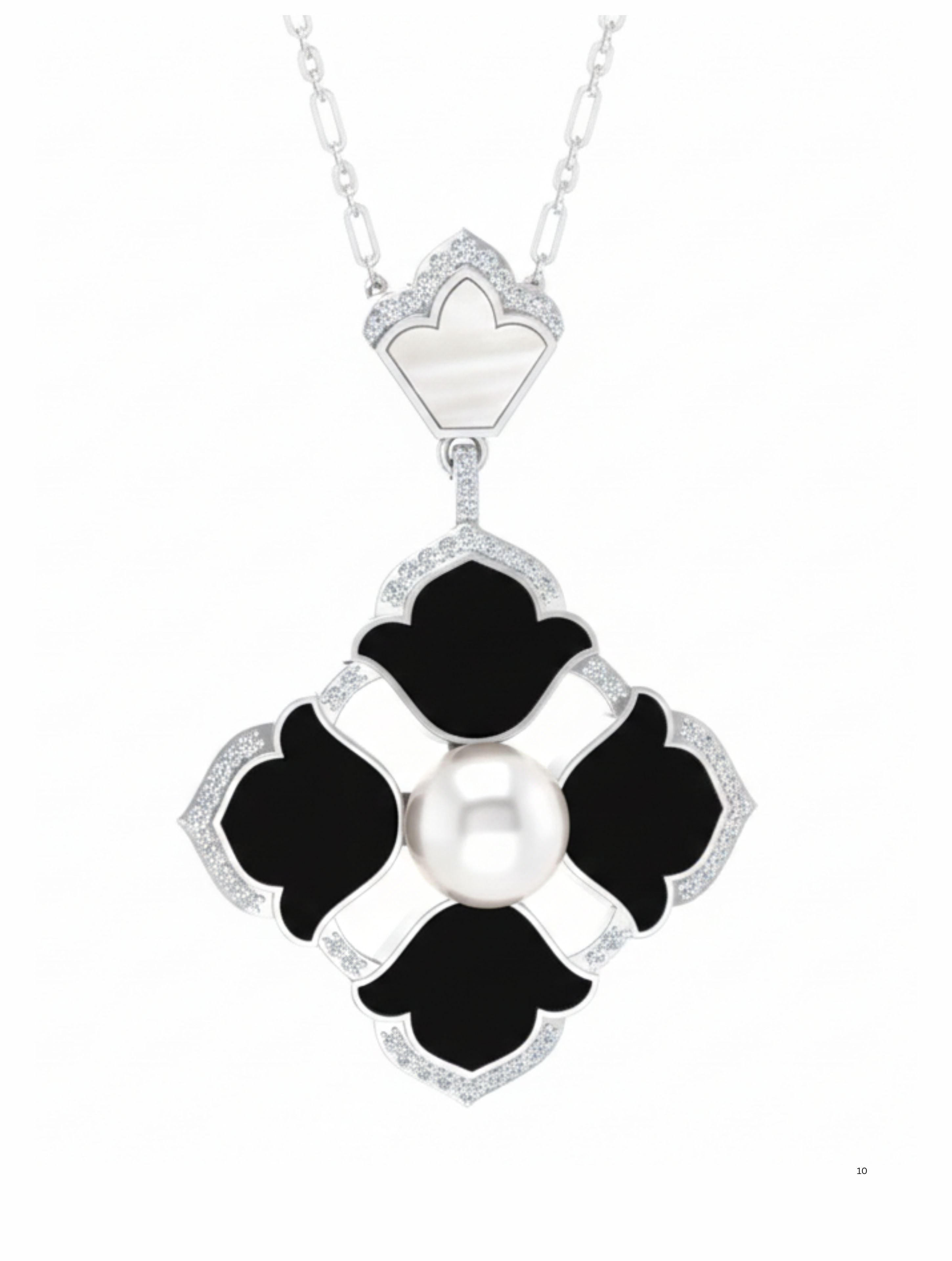 Quatrefoil Pearl & Black Onyx Pendant in 925 Sterling Silver