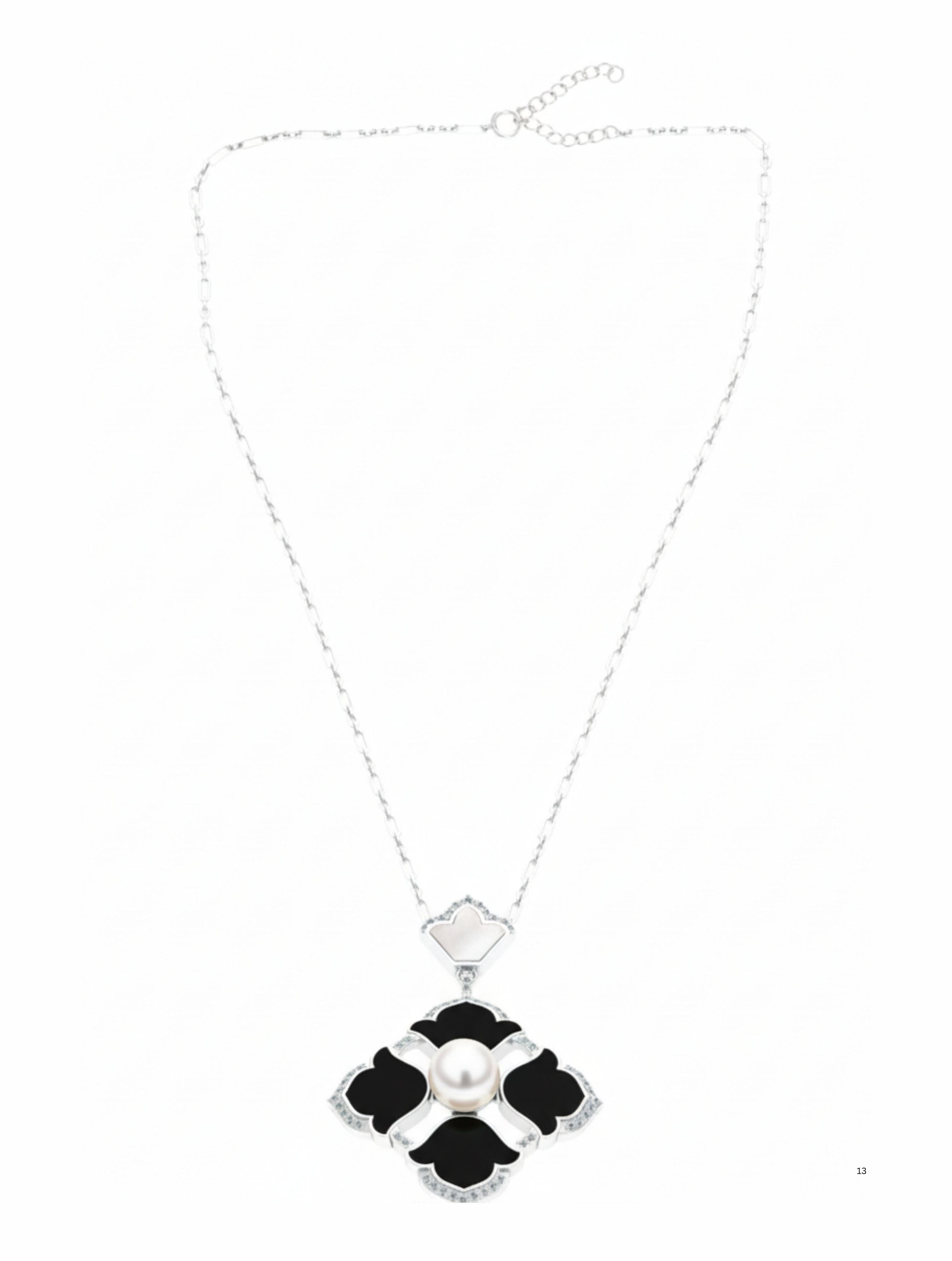 Quatrefoil Pearl & Black Onyx Pendant in 925 Sterling Silver