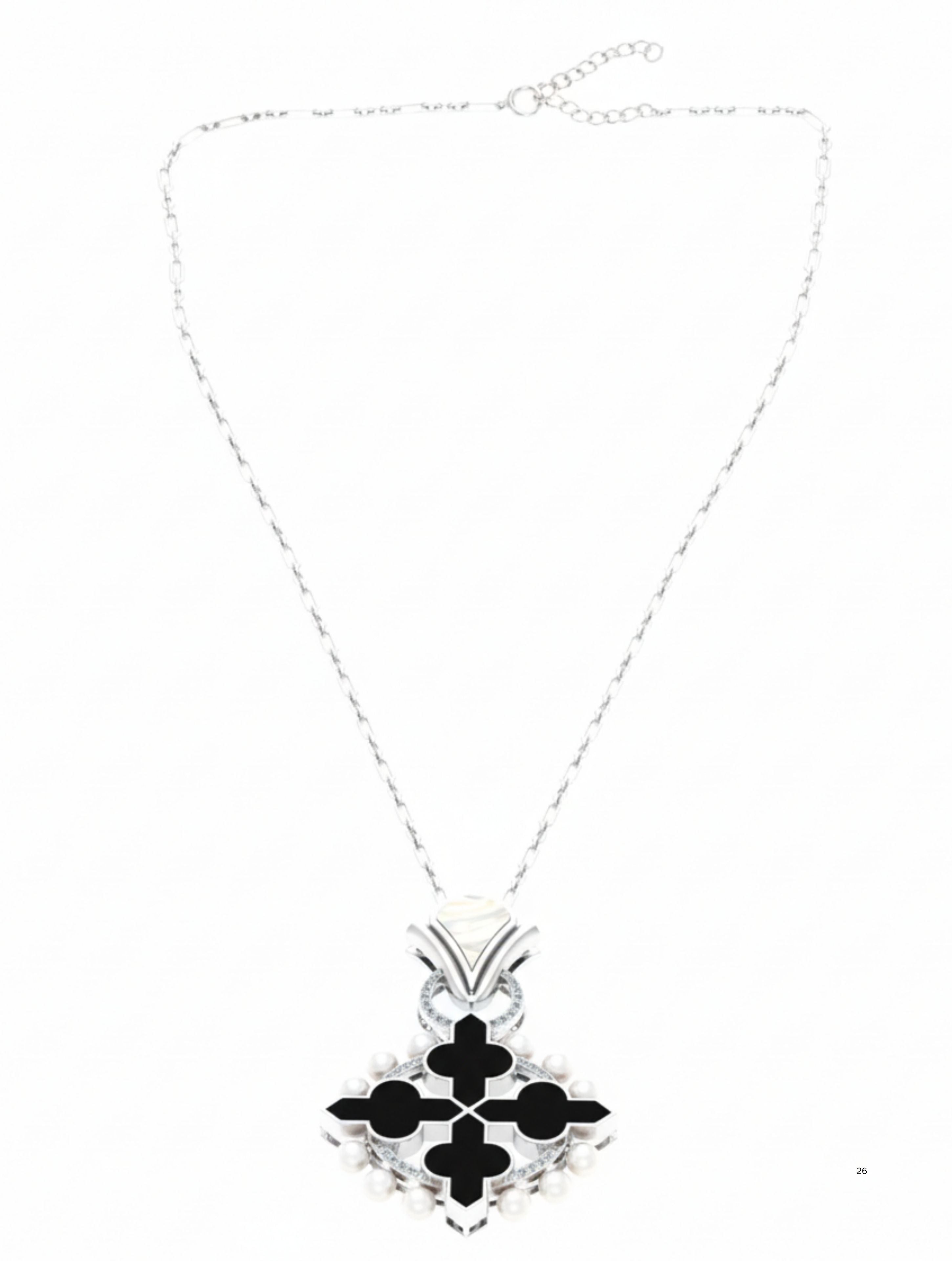 Empress Cross Pendant in 925 Sterling Silver with MOP, Onyx, and Pearls