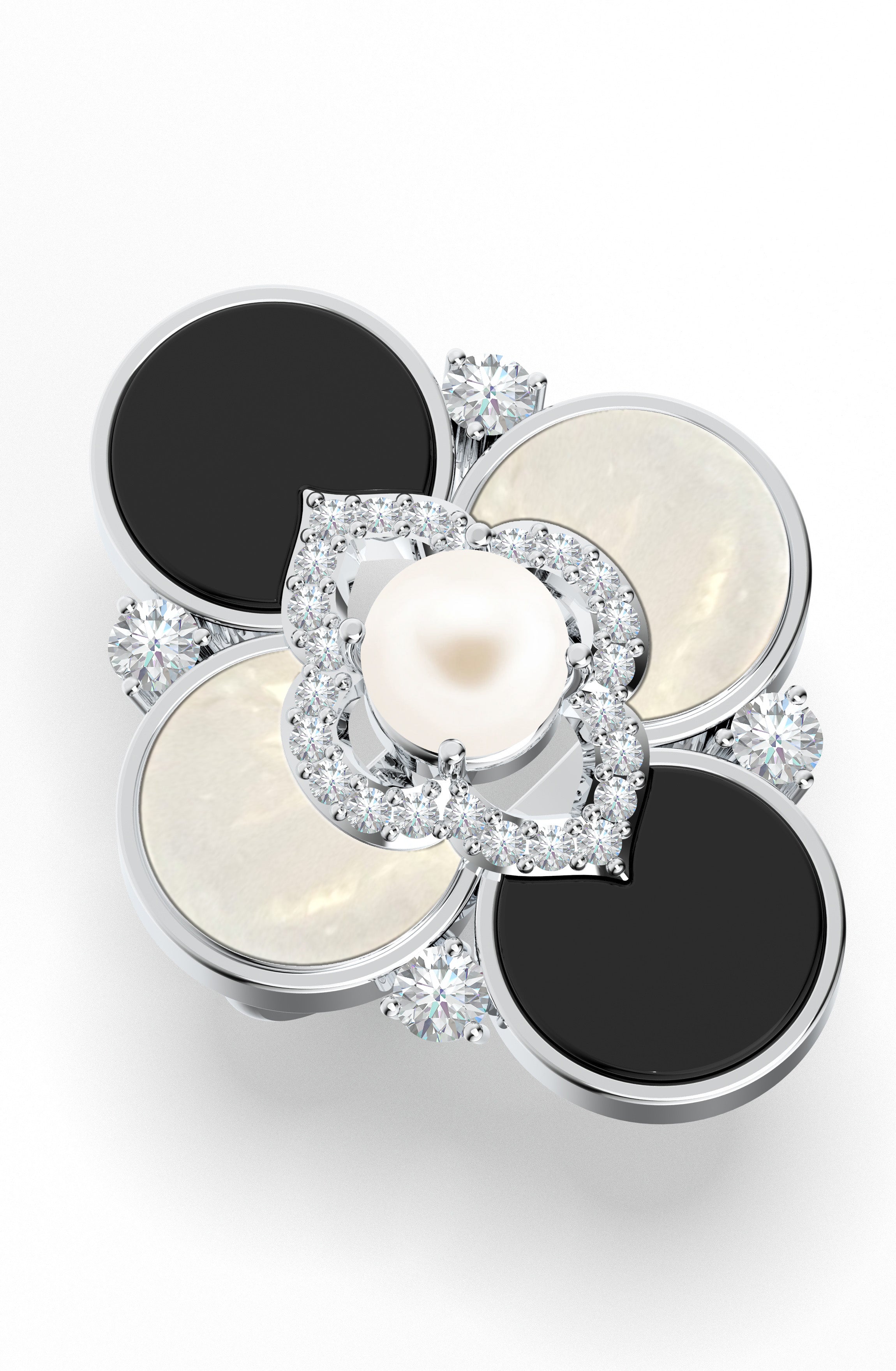 Adjustable 925 Sterling Silver Ring with Moissanite, Pearl, Onyx, and MOP