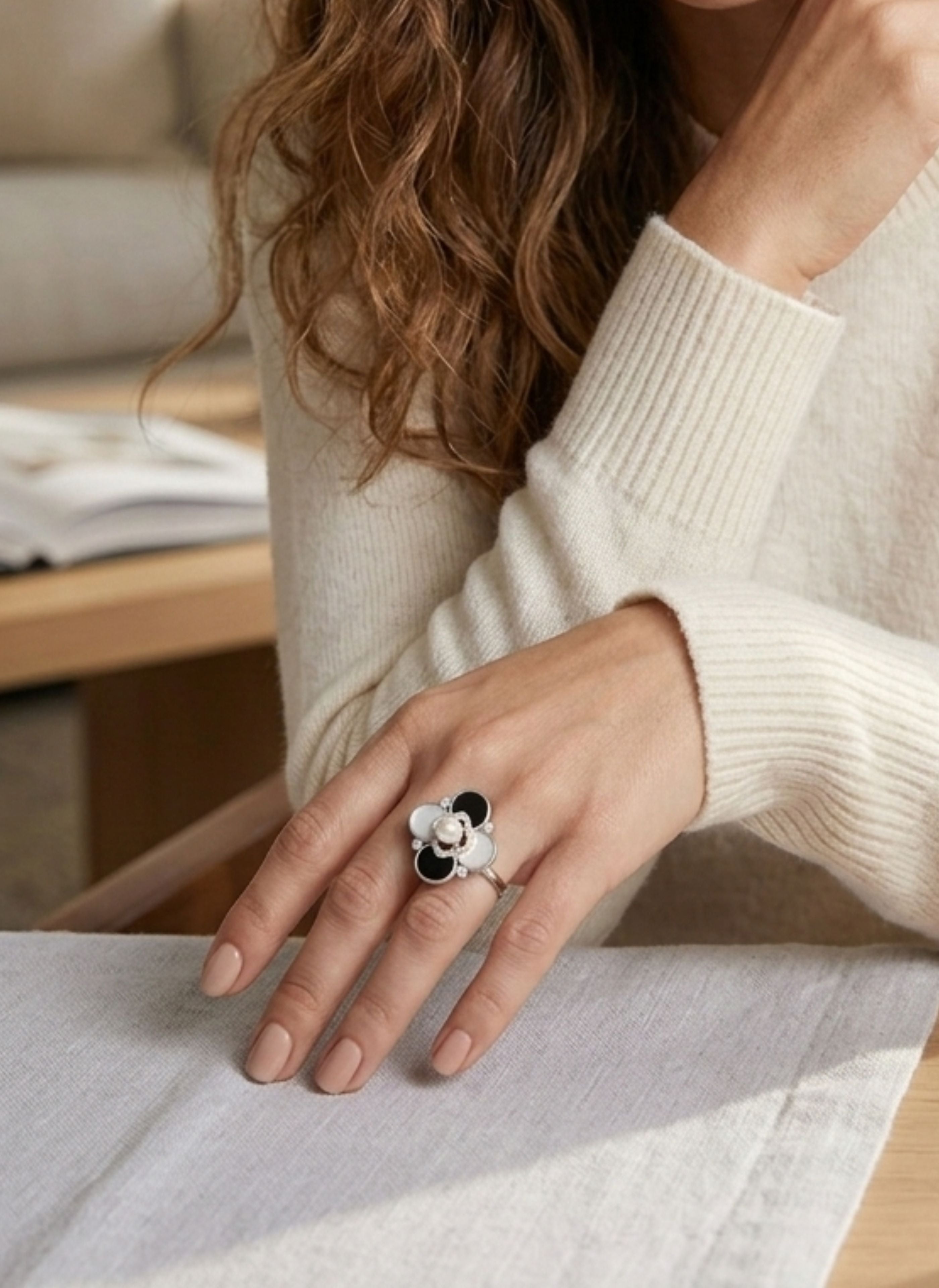 Adjustable 925 Sterling Silver Ring with Moissanite, Pearl, Onyx, and MOP