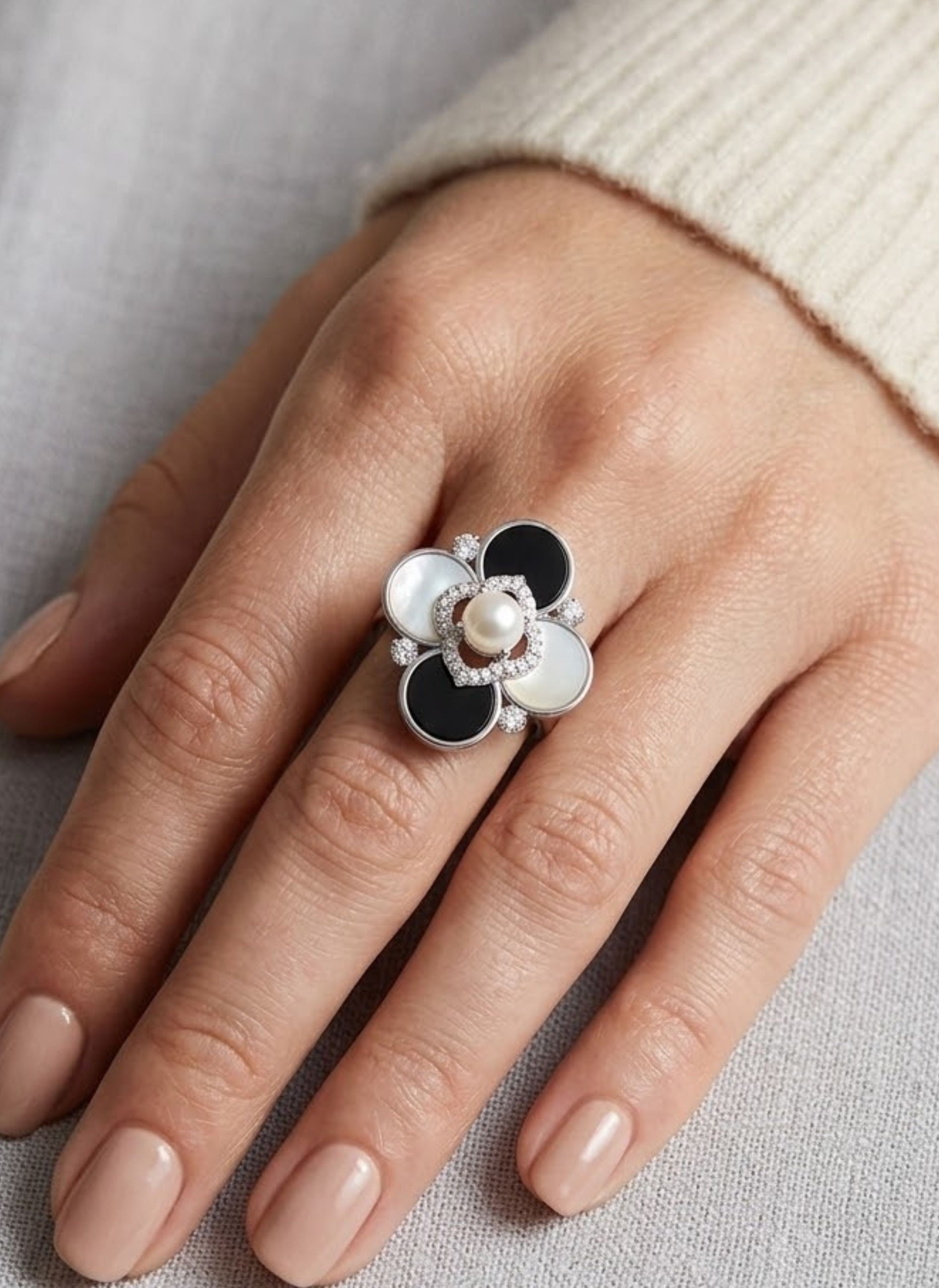 Adjustable 925 Sterling Silver Ring with Moissanite, Pearl, Onyx, and MOP