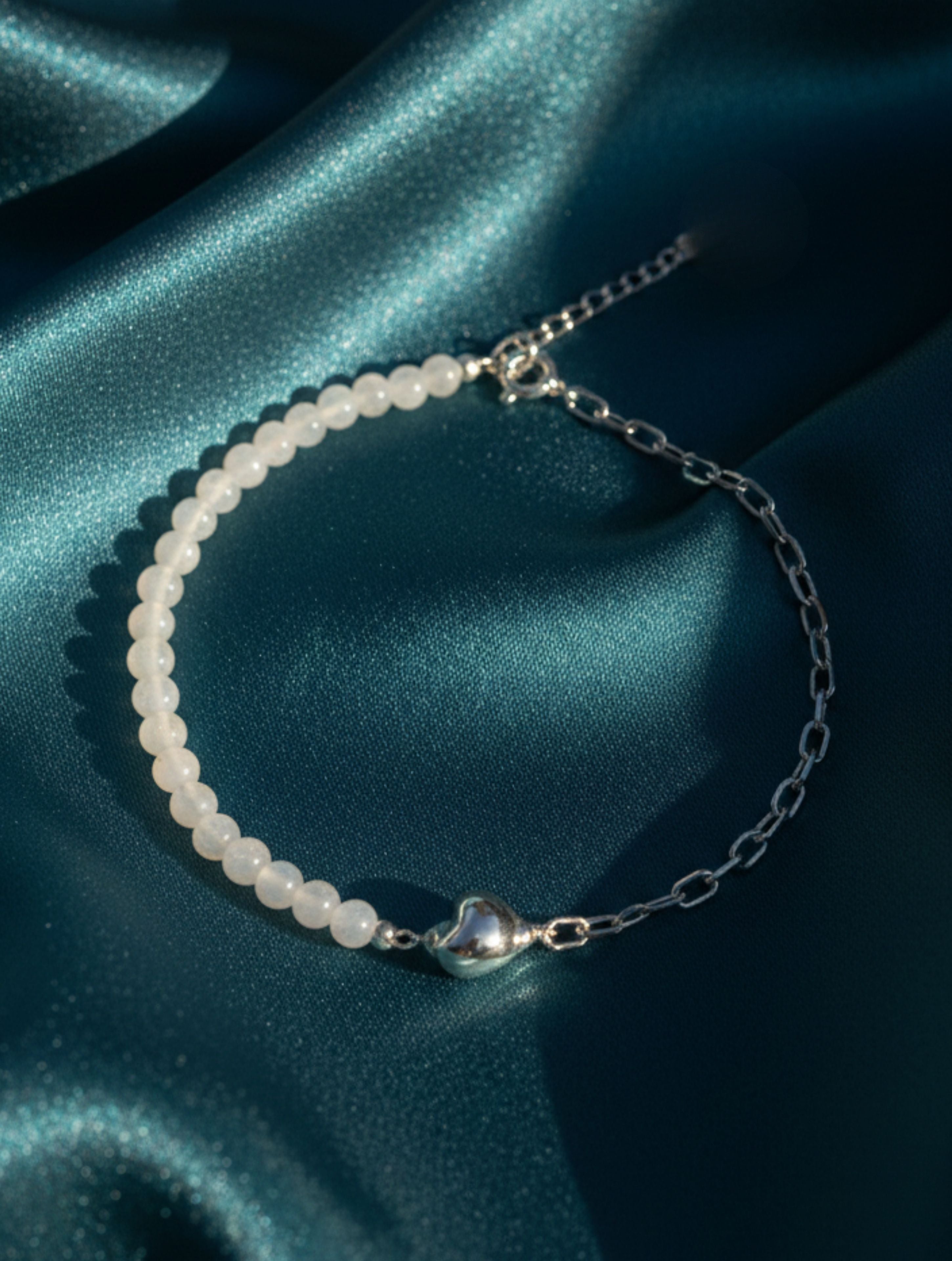 925 Sterling Silver Moonstone Heart Anklet | Duo-Chain Design