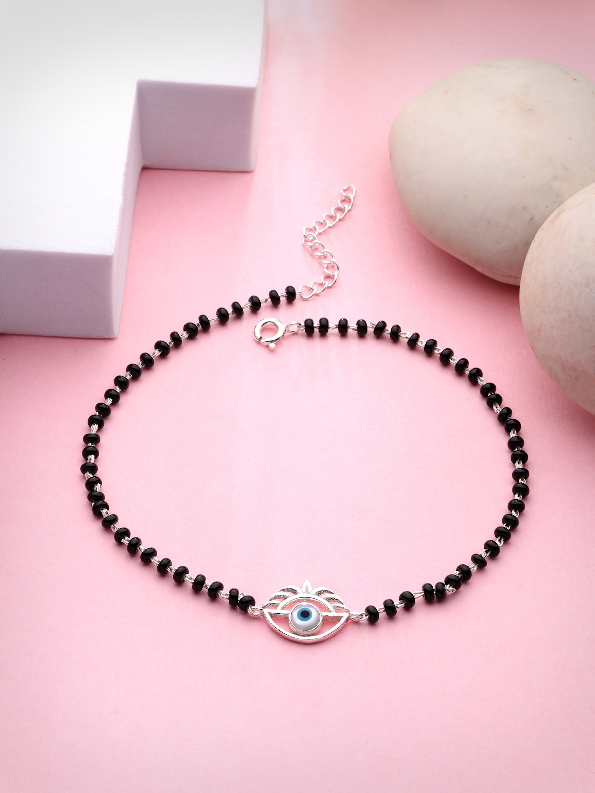 925 Sterling Silver Evil Eye Protective Anklet – Handcrafted Black Bead