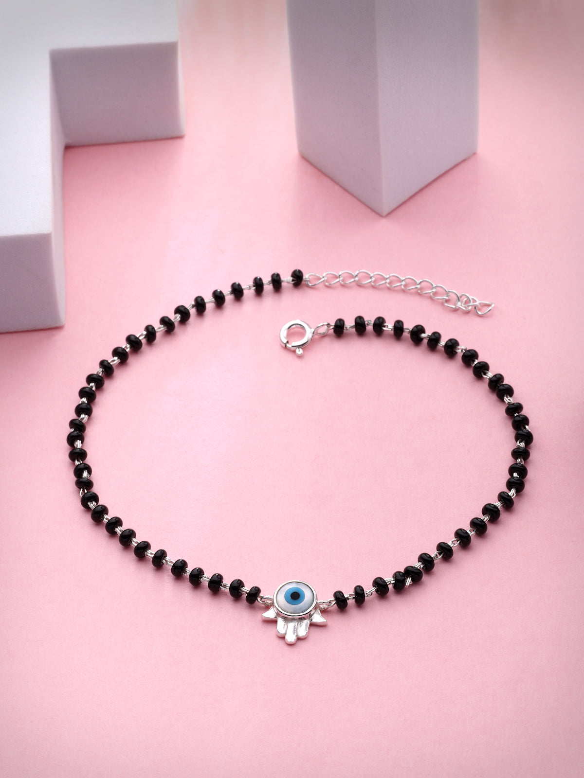 925 Sterling Silver Evil Eye & Black Onyx Hamsa Anklet