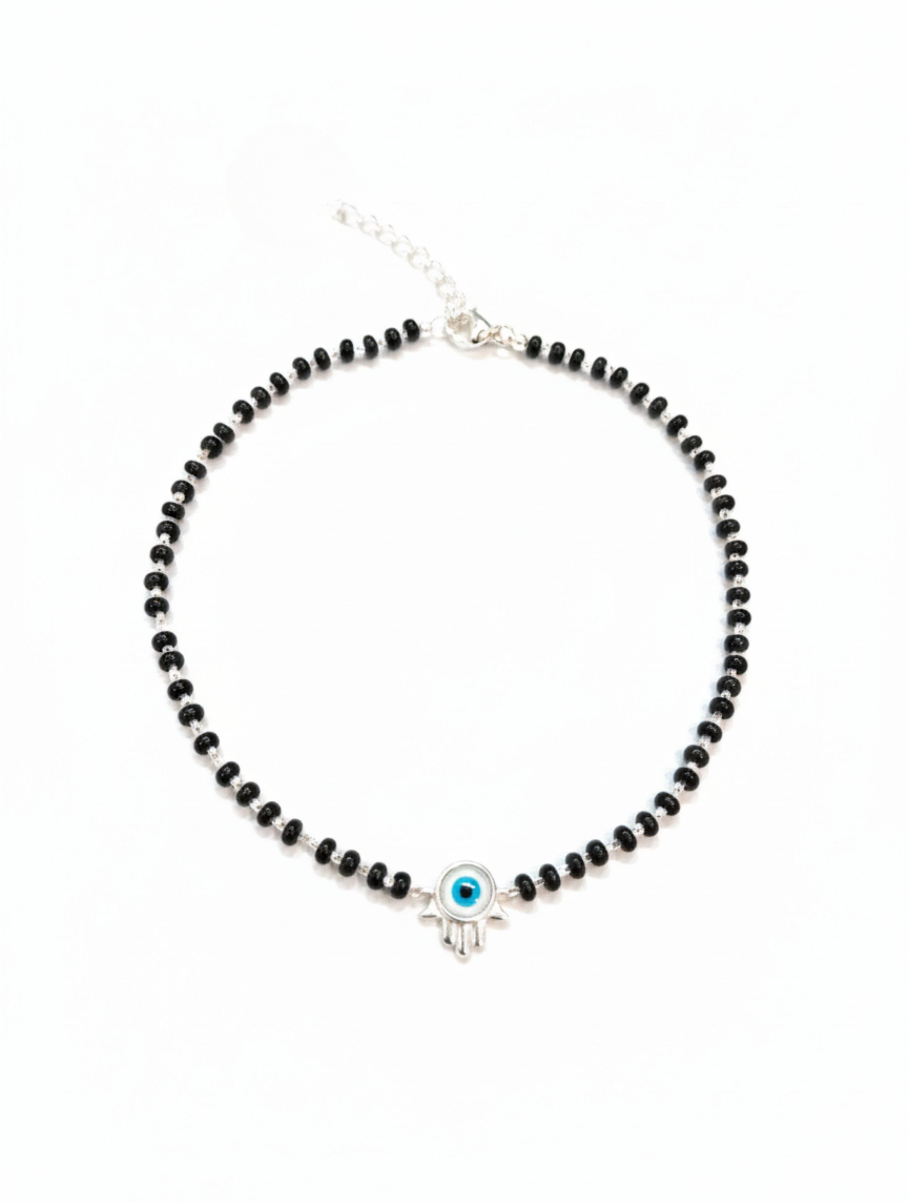 925 Sterling Silver Evil Eye & Black Onyx Hamsa Anklet