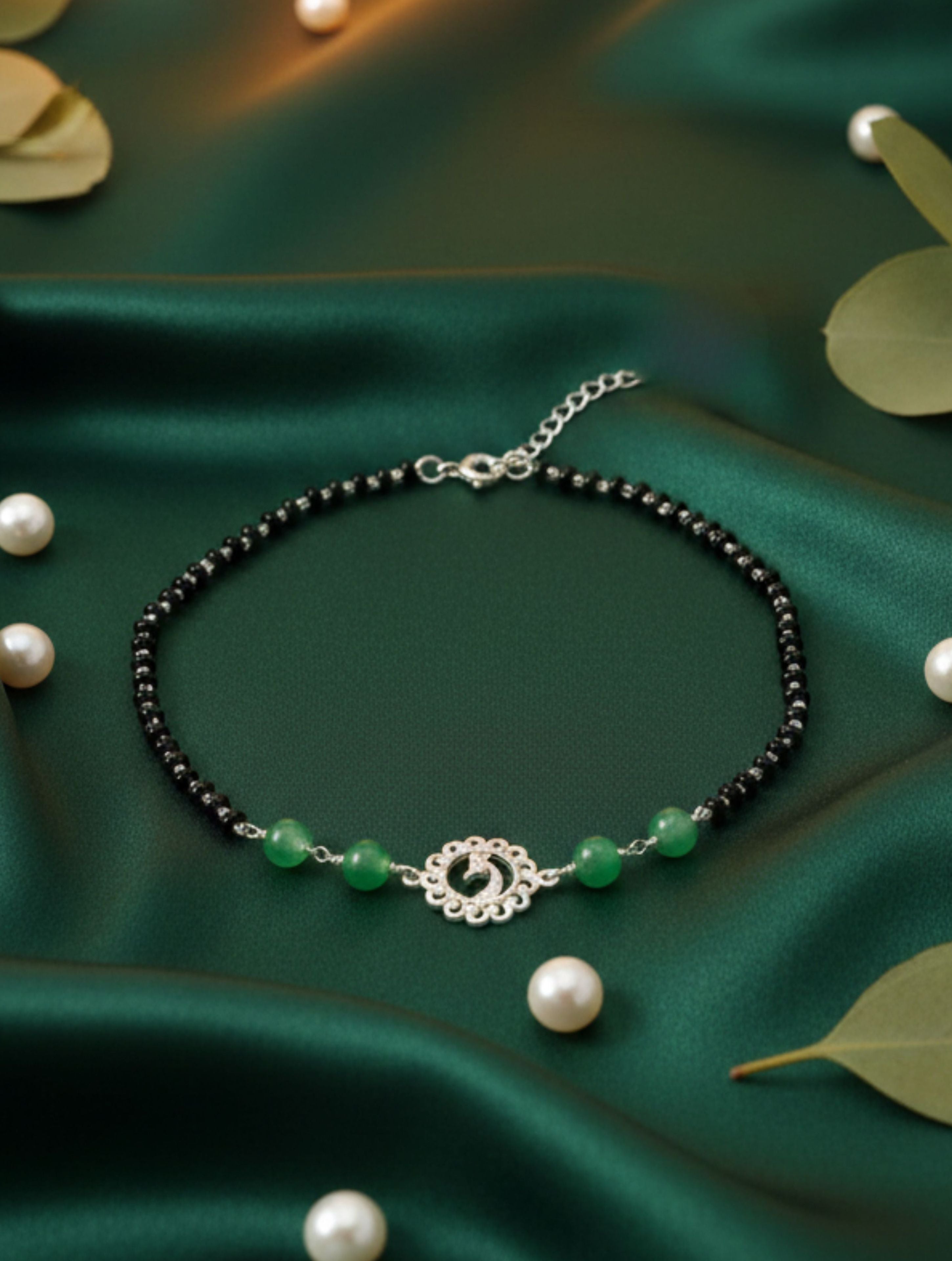 Peacock Motif 925 Sterling Silver Anklet with Strawberry Quartz & Onyx Black Beads