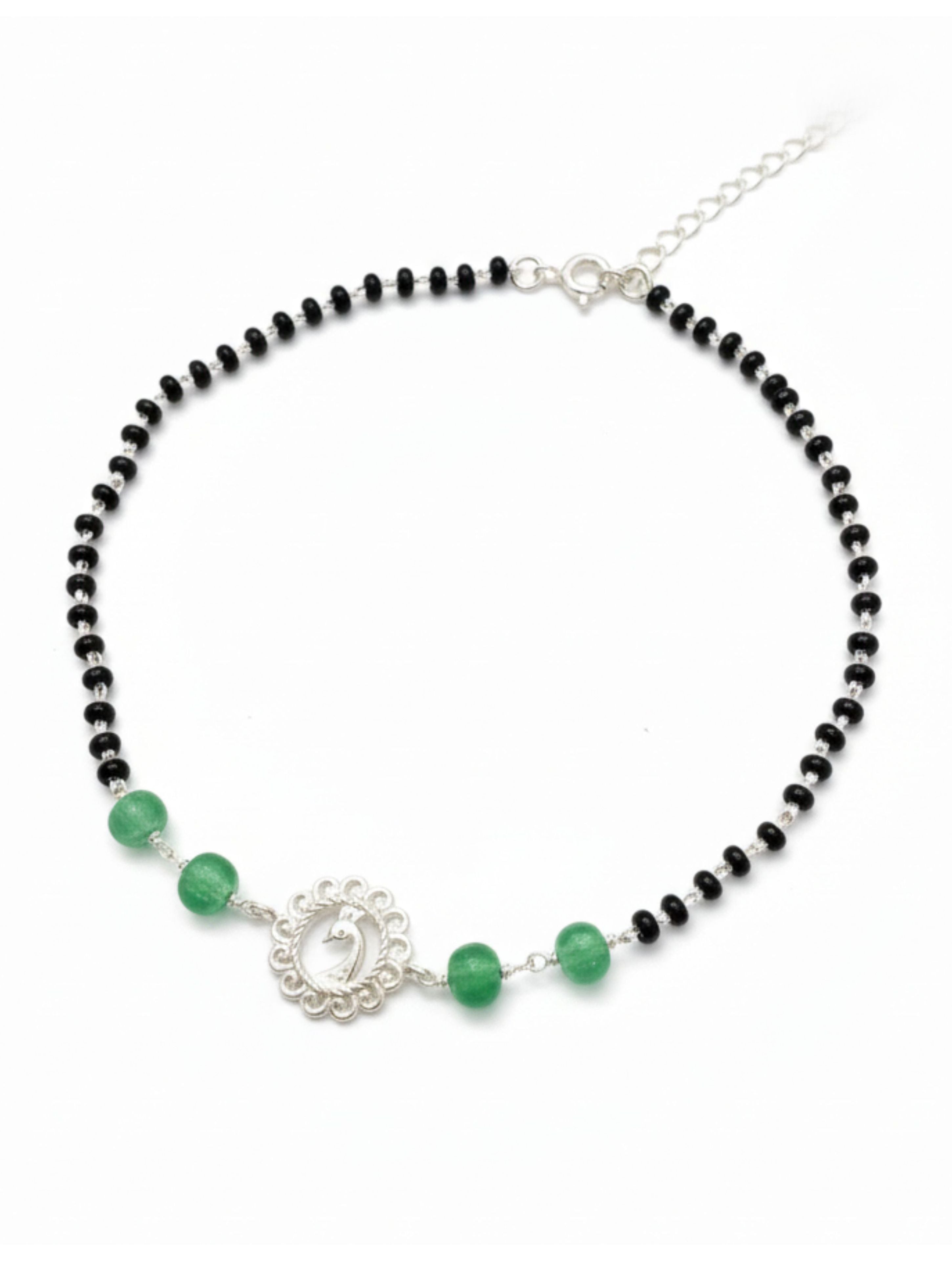 Peacock Motif 925 Sterling Silver Anklet with Strawberry Quartz & Onyx Black Beads