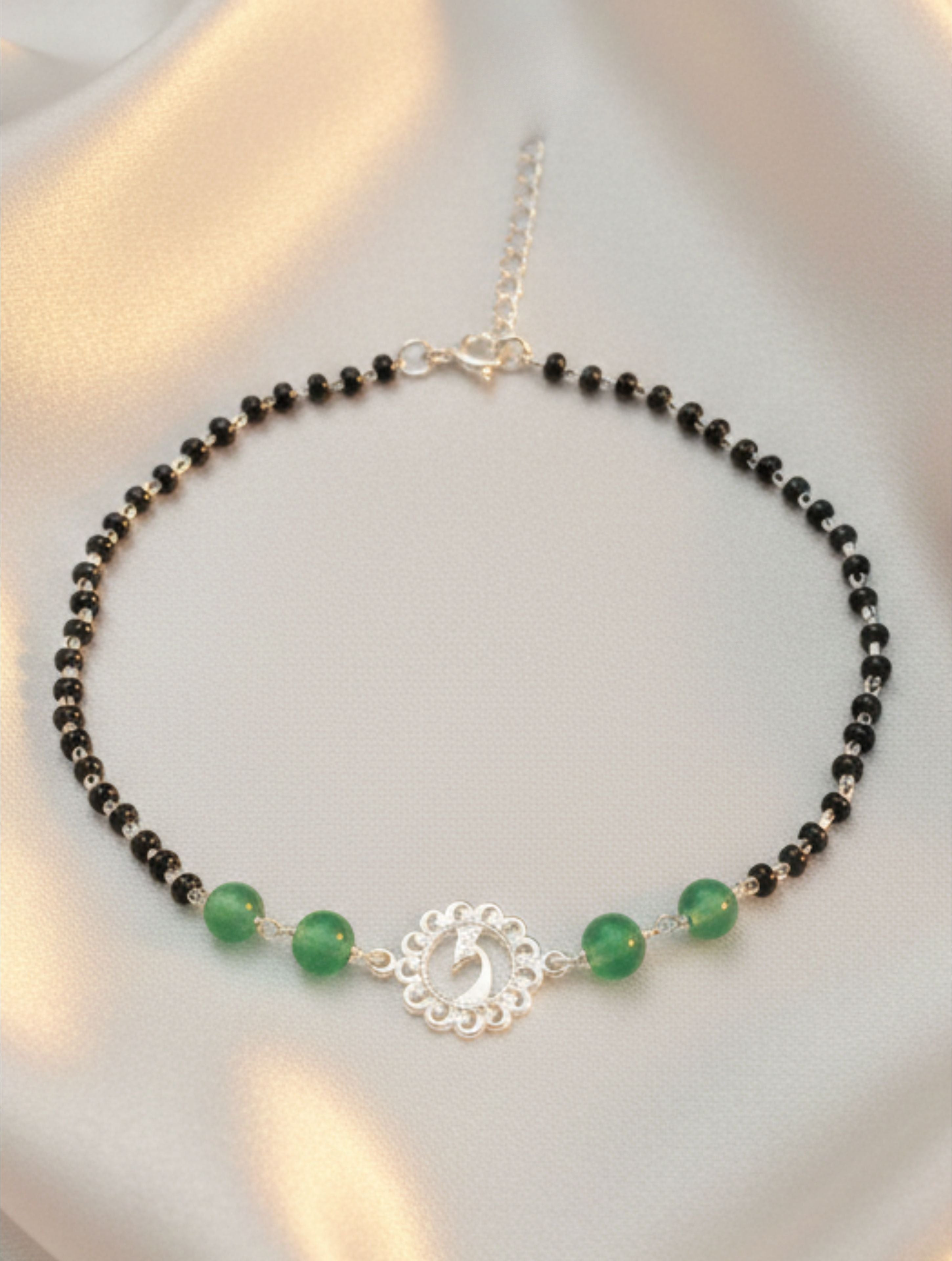 Peacock Motif 925 Sterling Silver Anklet with Strawberry Quartz & Onyx Black Beads