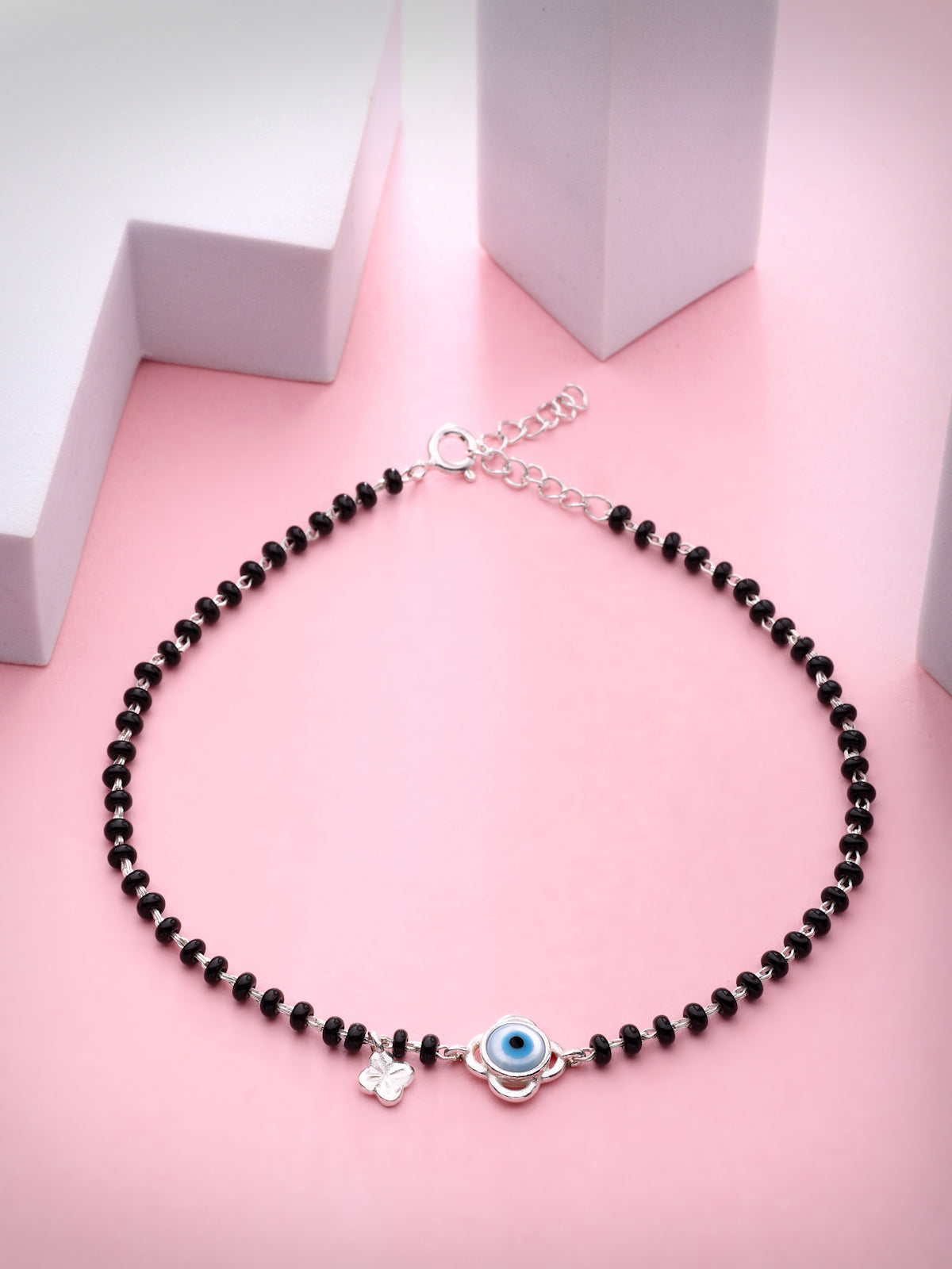 925 Sterling Silver Evil Eye & Black Onyx Anklet