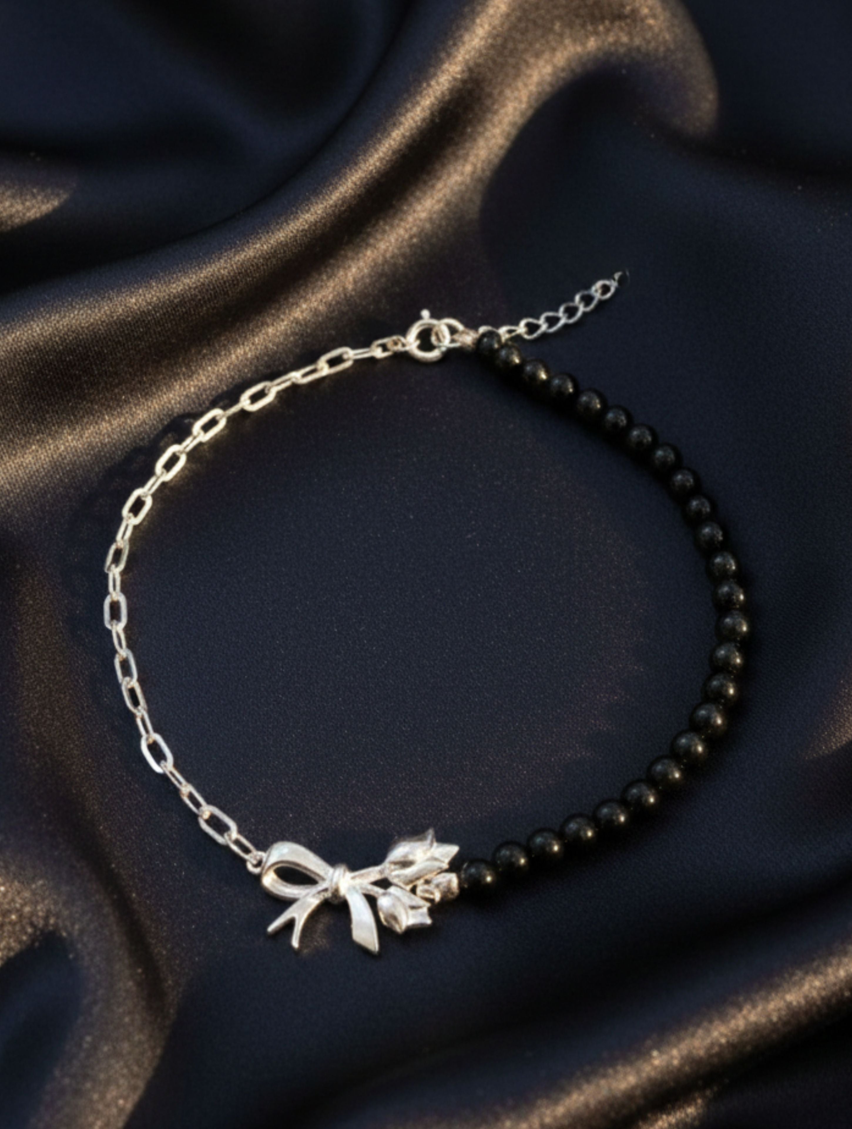 Midnight Bow: Black Onyx & Sterling Silver Chain Anklet