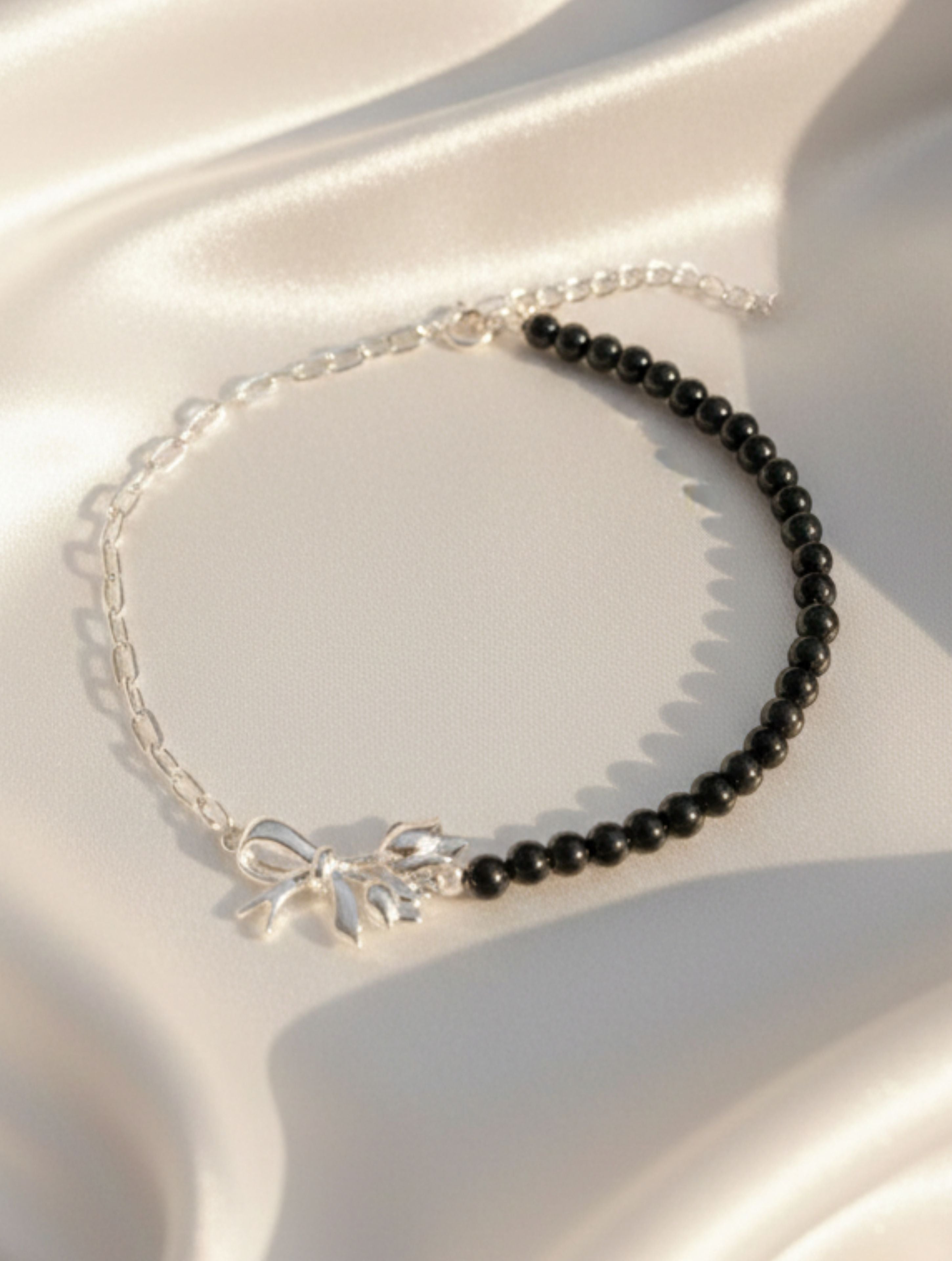 Midnight Bow: Black Onyx & Sterling Silver Chain Anklet