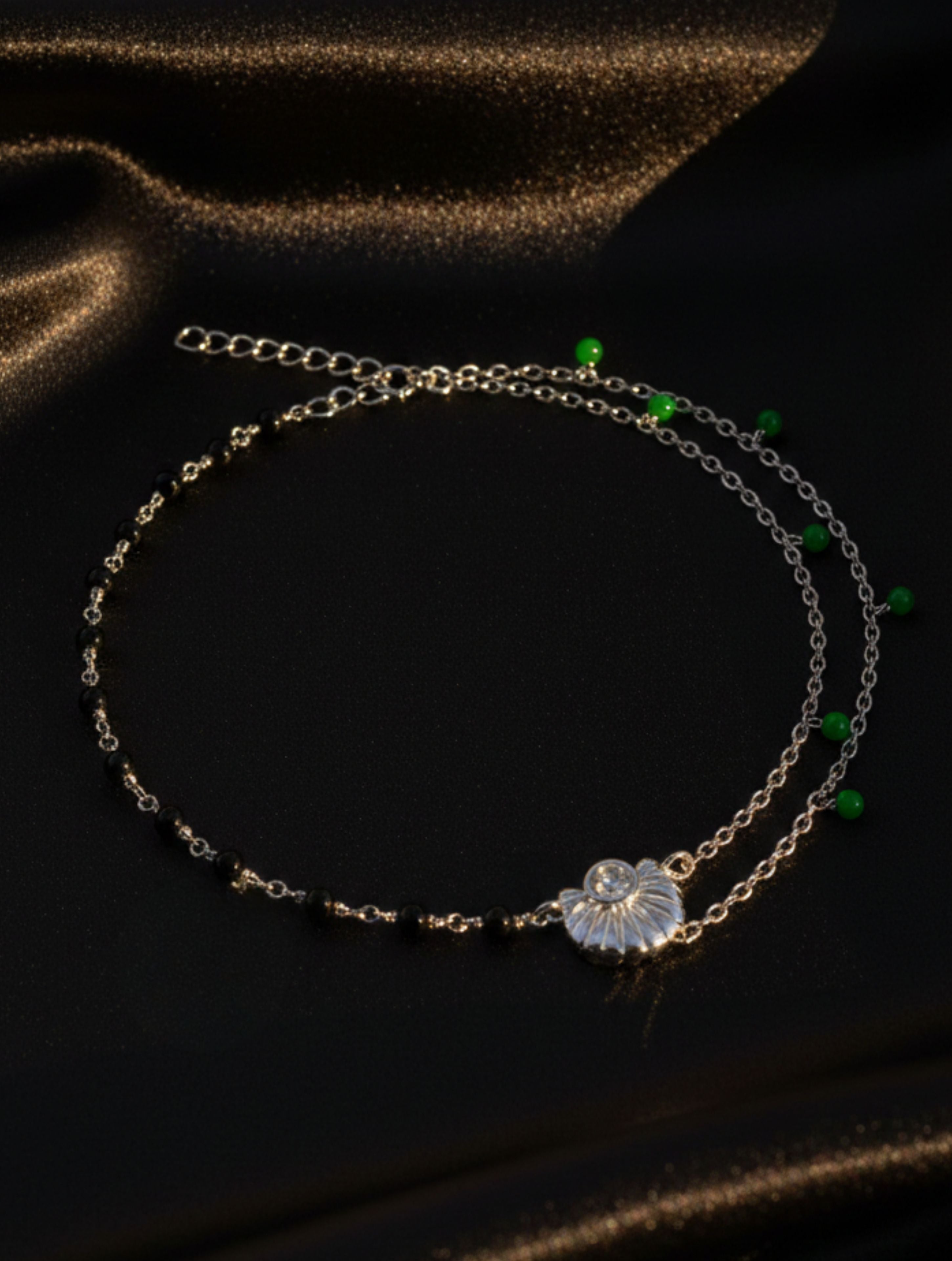 Sterling Silver Double-Layer Green Jade & Black Bead Anklet