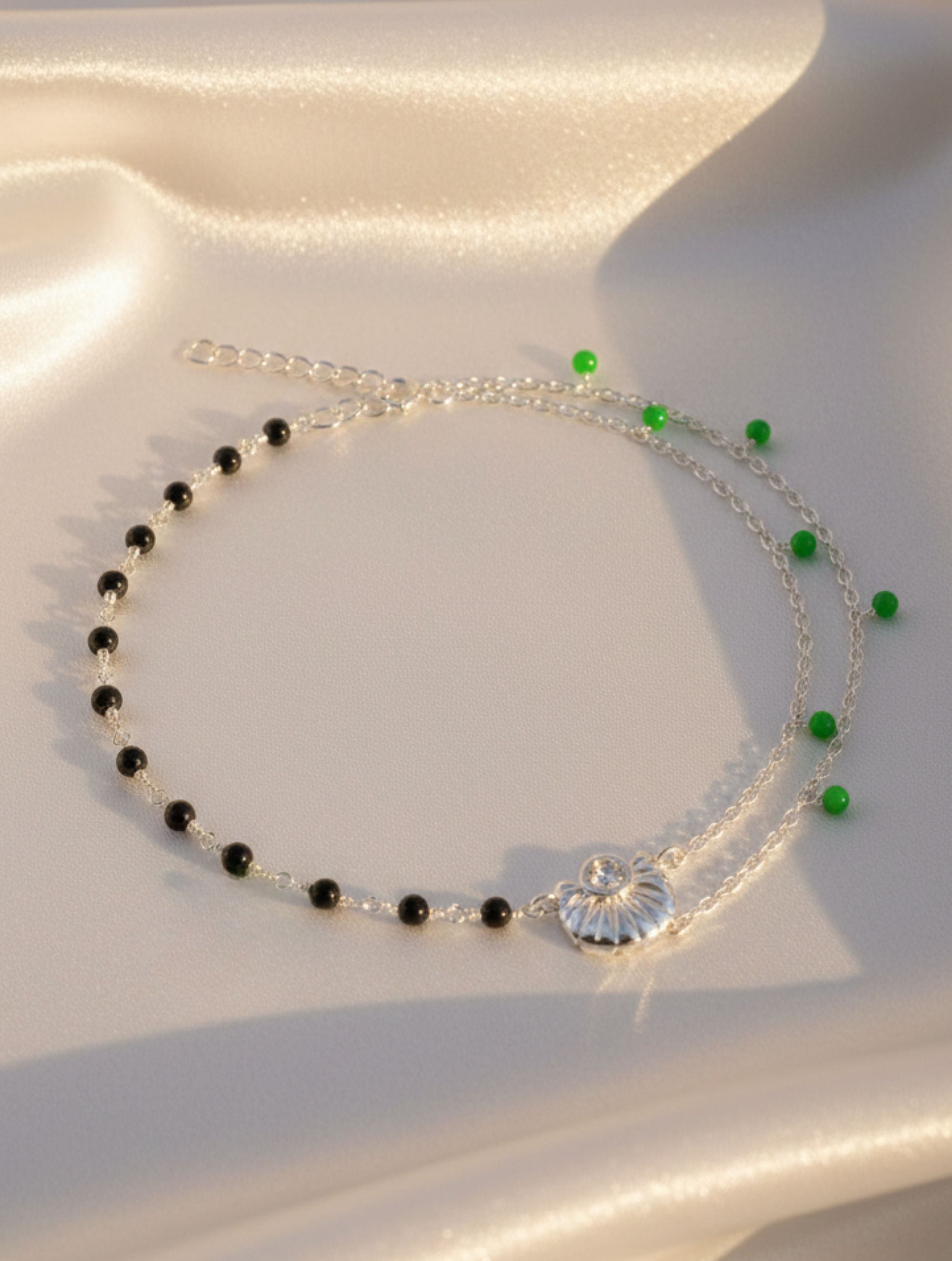 Sterling Silver Double-Layer Green Jade & Black Bead Anklet