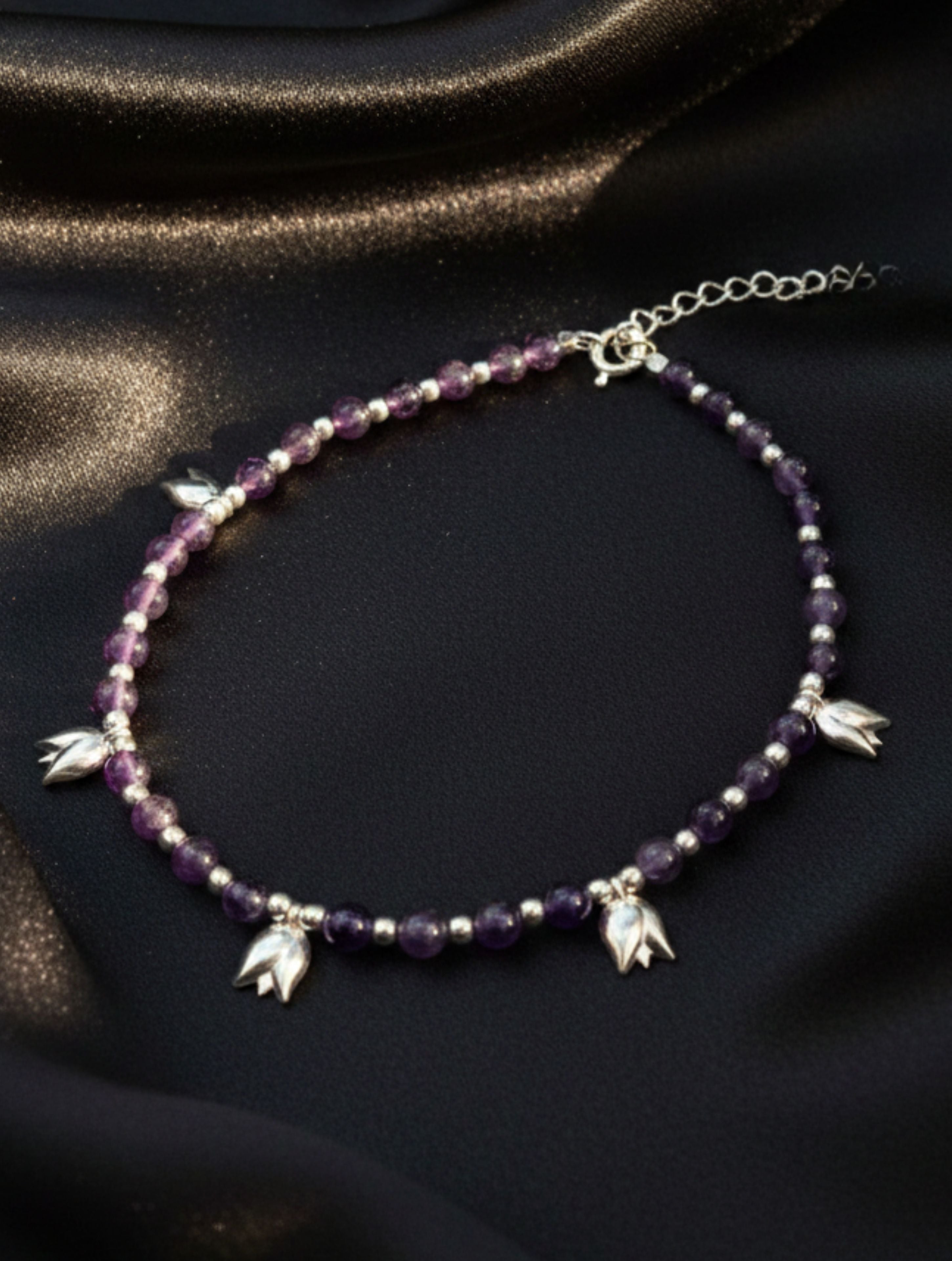 Amethyst Bloom 925 Sterling Silver Beaded Anklet