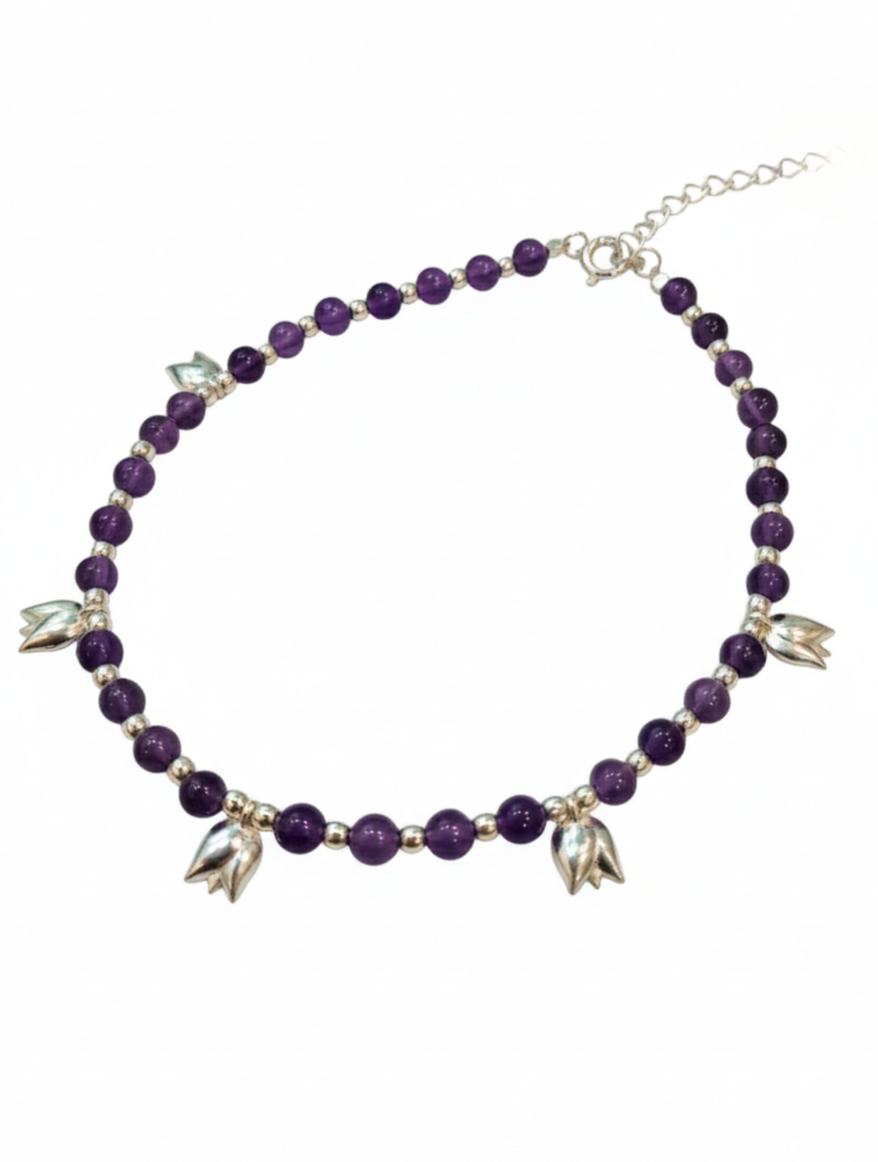 Amethyst Bloom 925 Sterling Silver Beaded Anklet