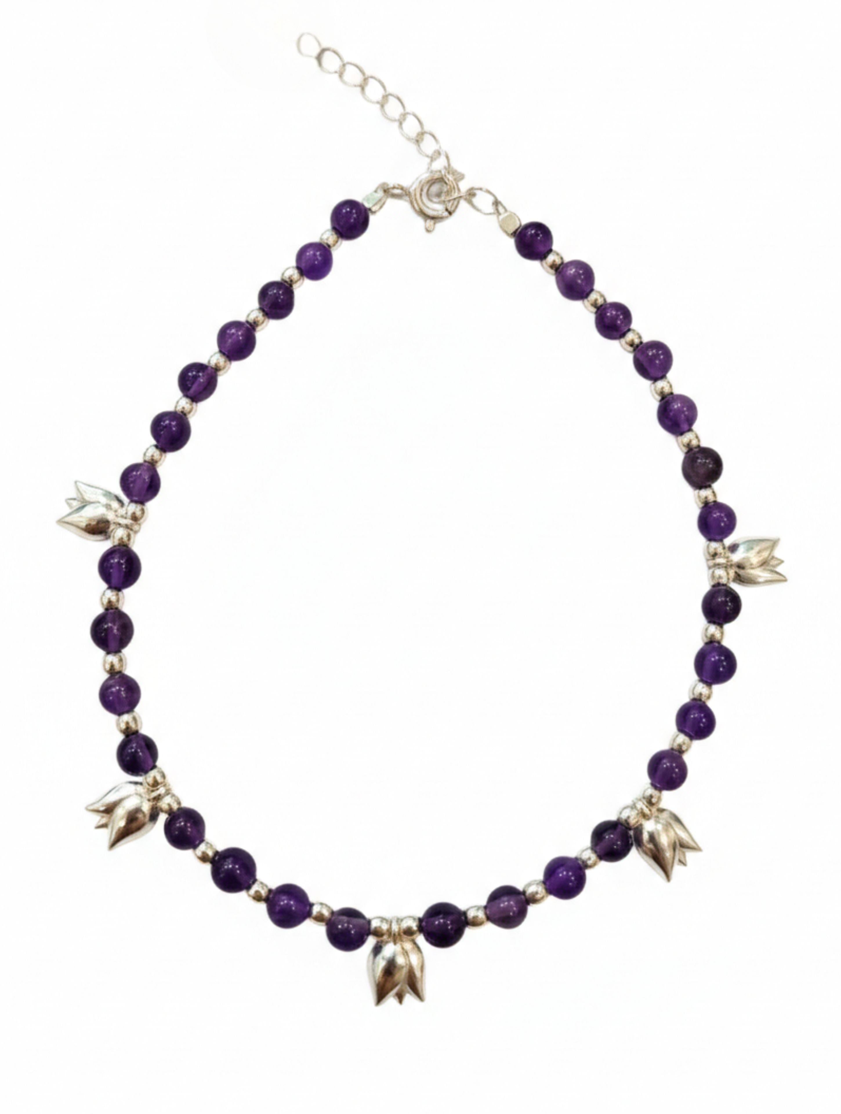 Amethyst Bloom 925 Sterling Silver Beaded Anklet