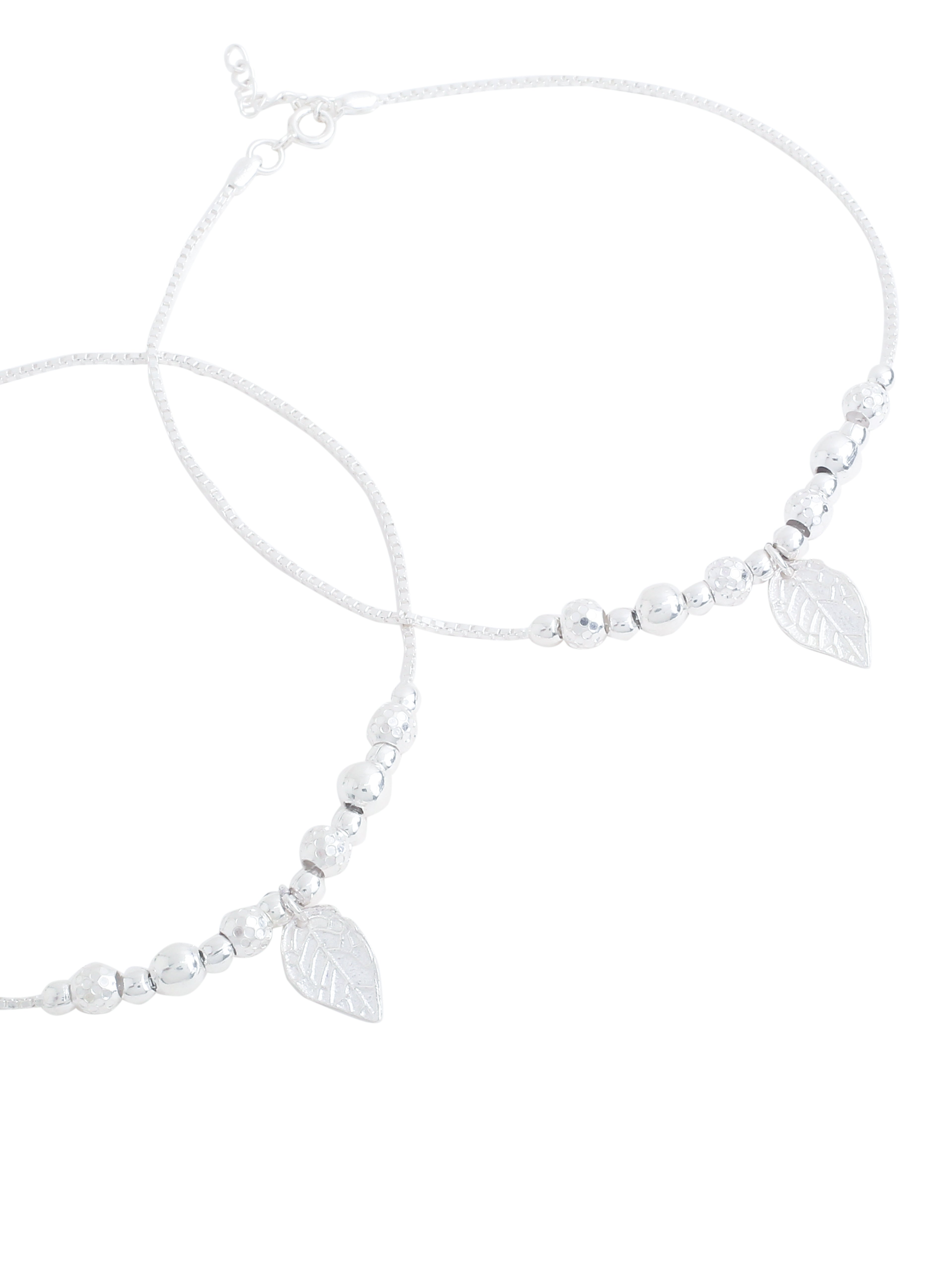 Nature's Elegance: Leaf Charm and Metal Ball Silver Anklet - Kicky & Perky