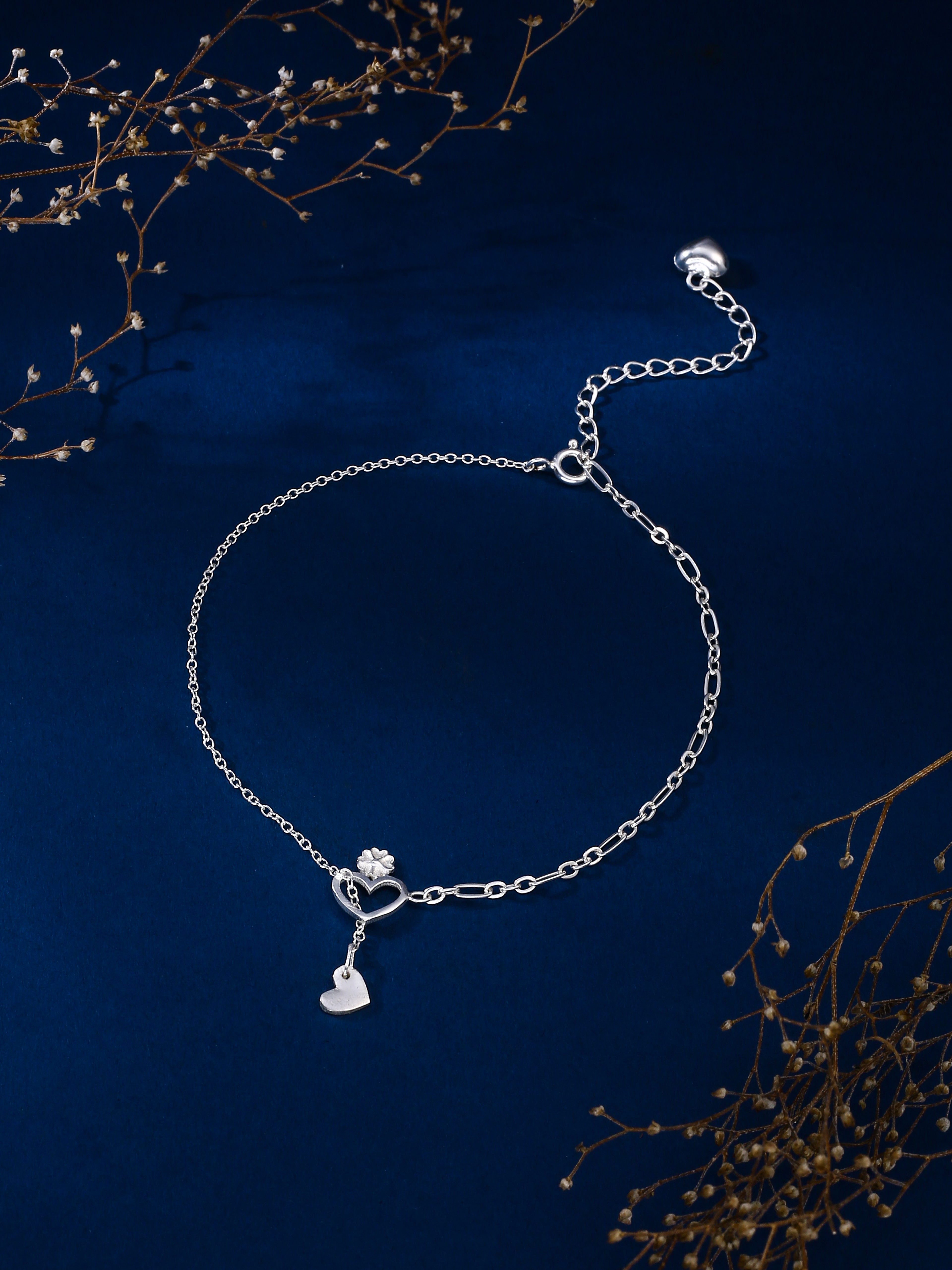 Heartfelt Beauty: Sterling Silver Anklet with Centered Heart Charm - Kicky & Perky