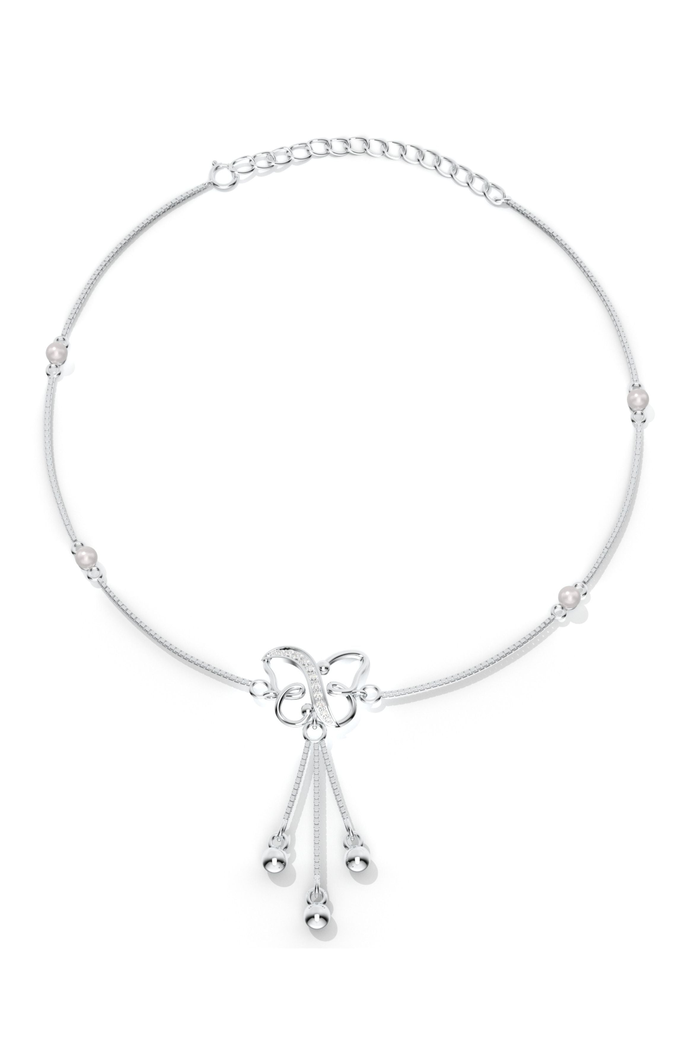 Butterfly Anklet With Moissanite & Pearl Studded 925 Sterling Silver For Women