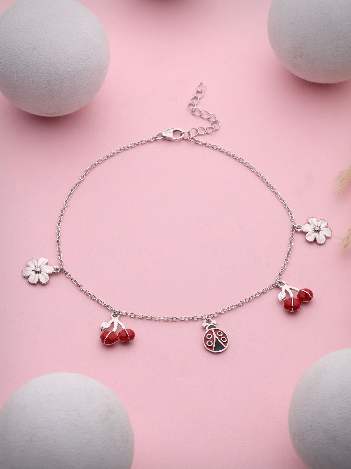 925 Sterling Silver Whimsical Garden Charm Anklet