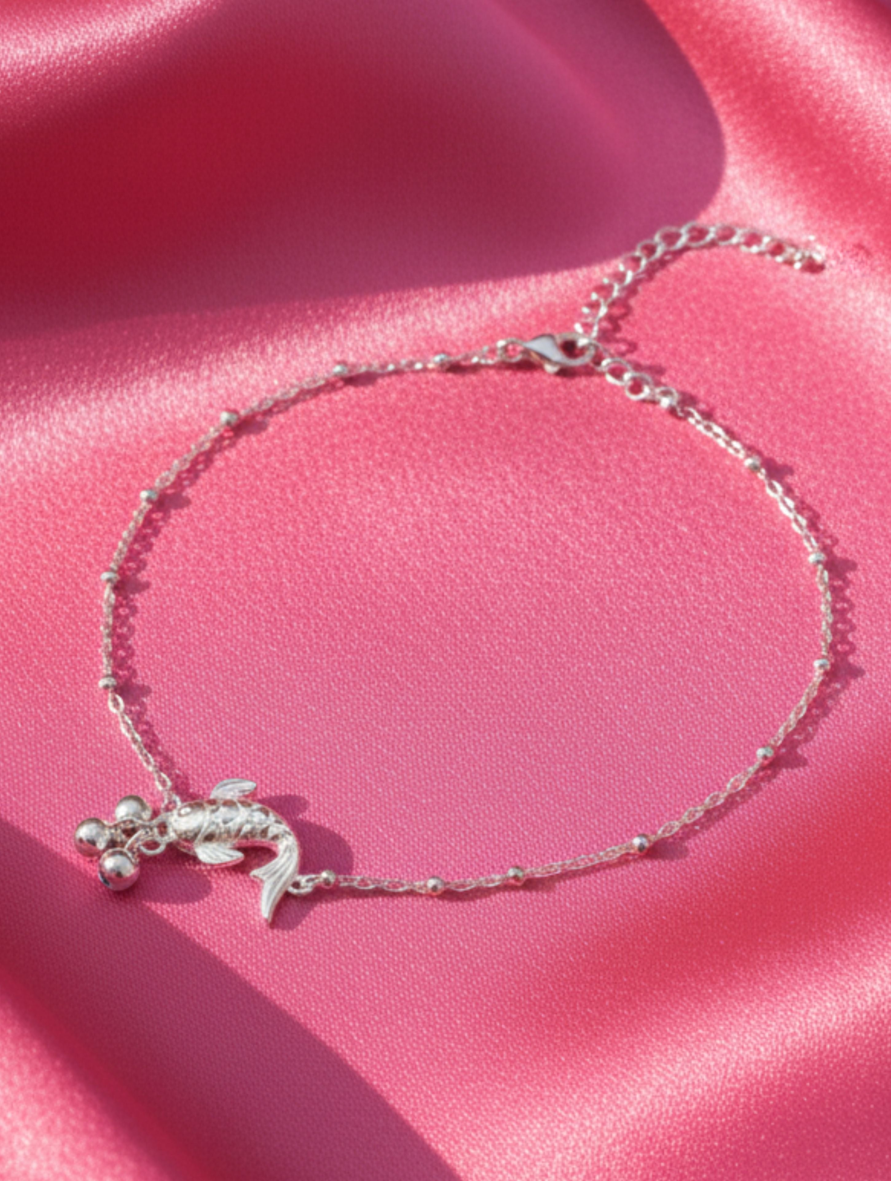 925 Sterling Silver Koi Fish Anklet with Silver Beads