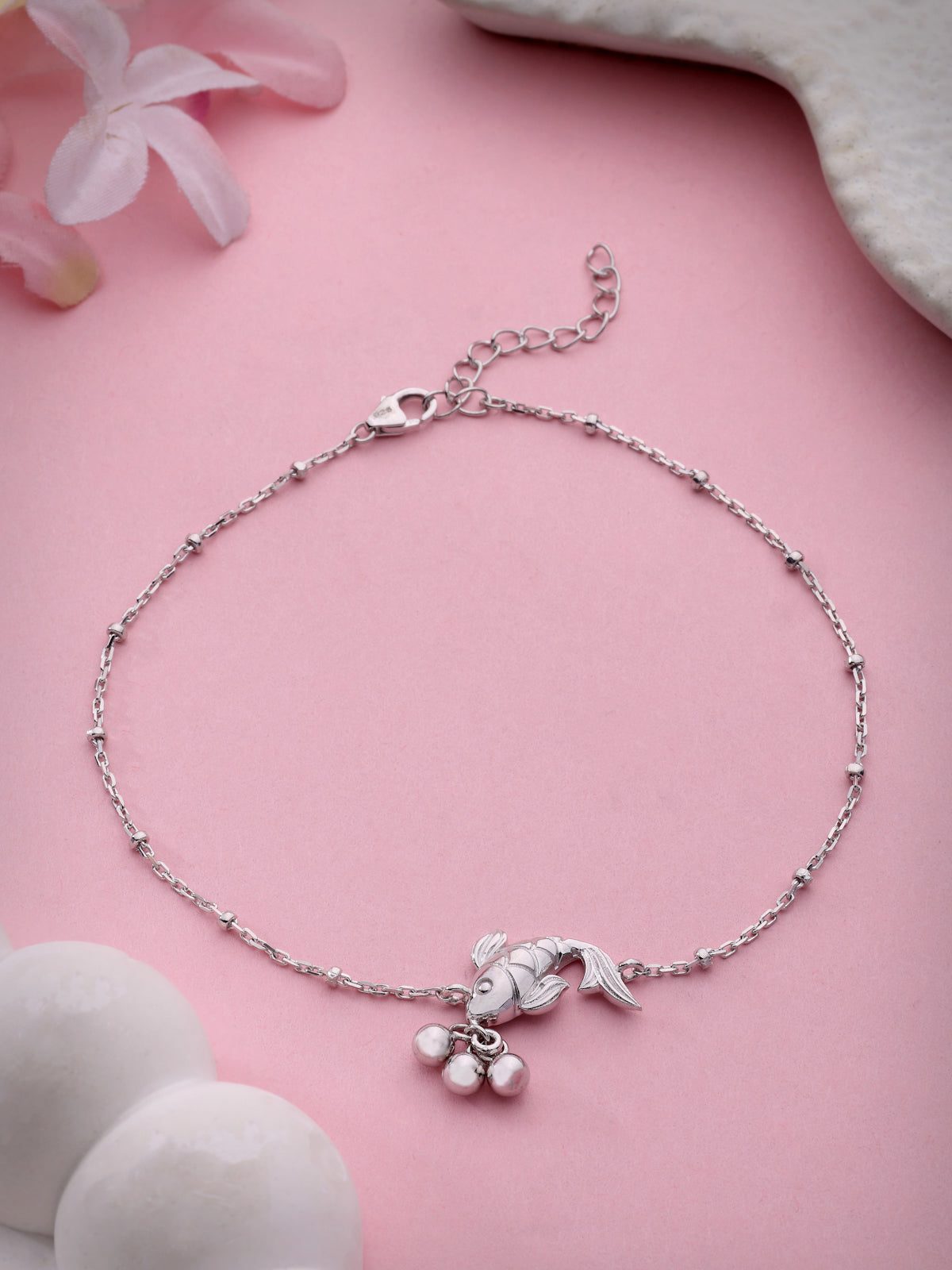 925 Sterling Silver Koi Fish Anklet with Silver Beads