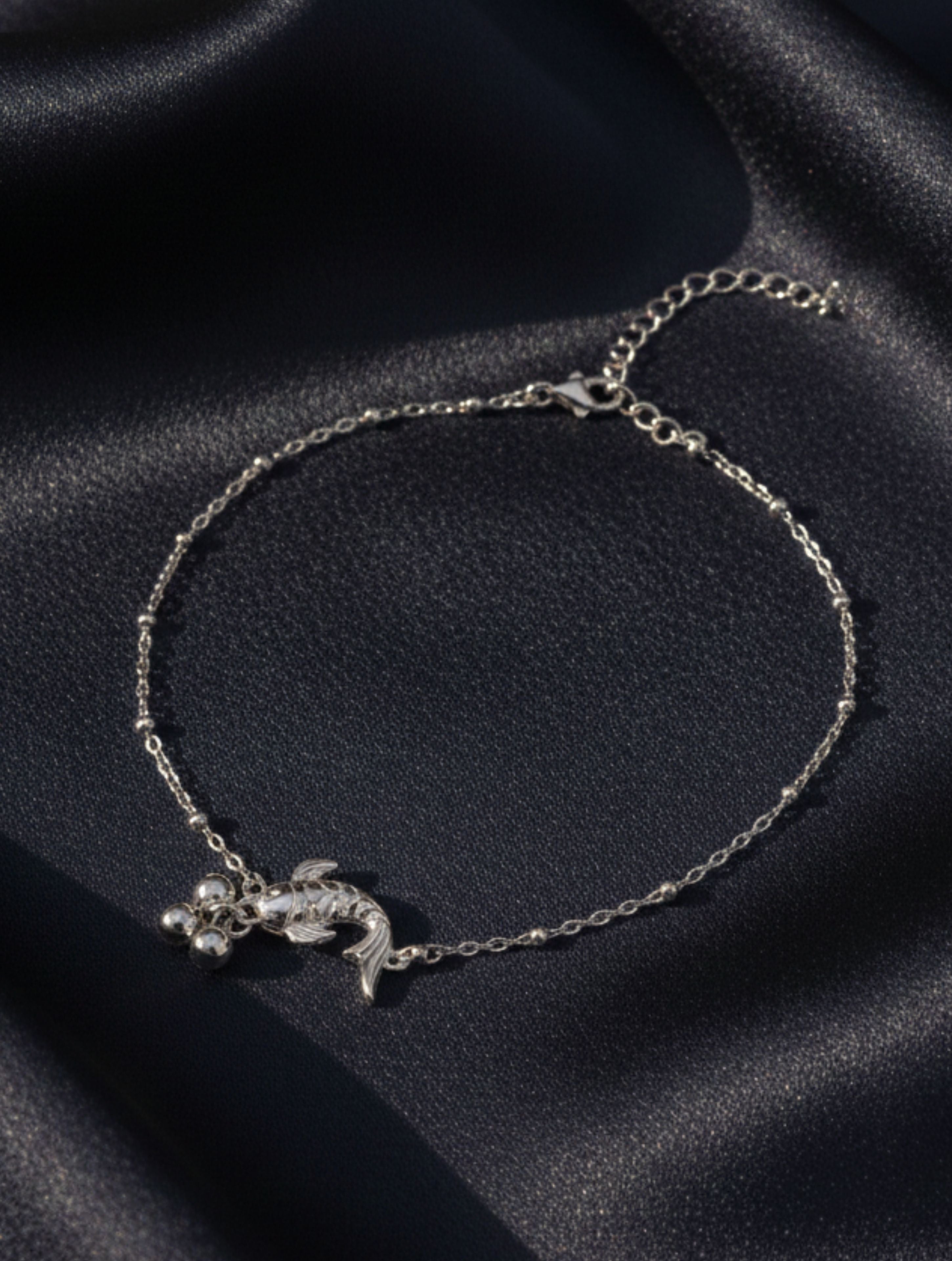 925 Sterling Silver Koi Fish Anklet with Silver Beads