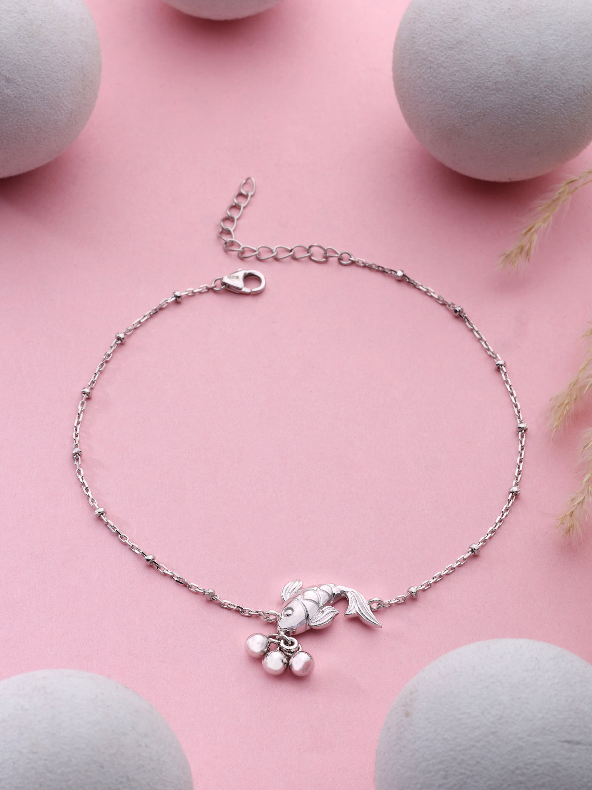 925 Sterling Silver Koi Fish Anklet with Silver Beads