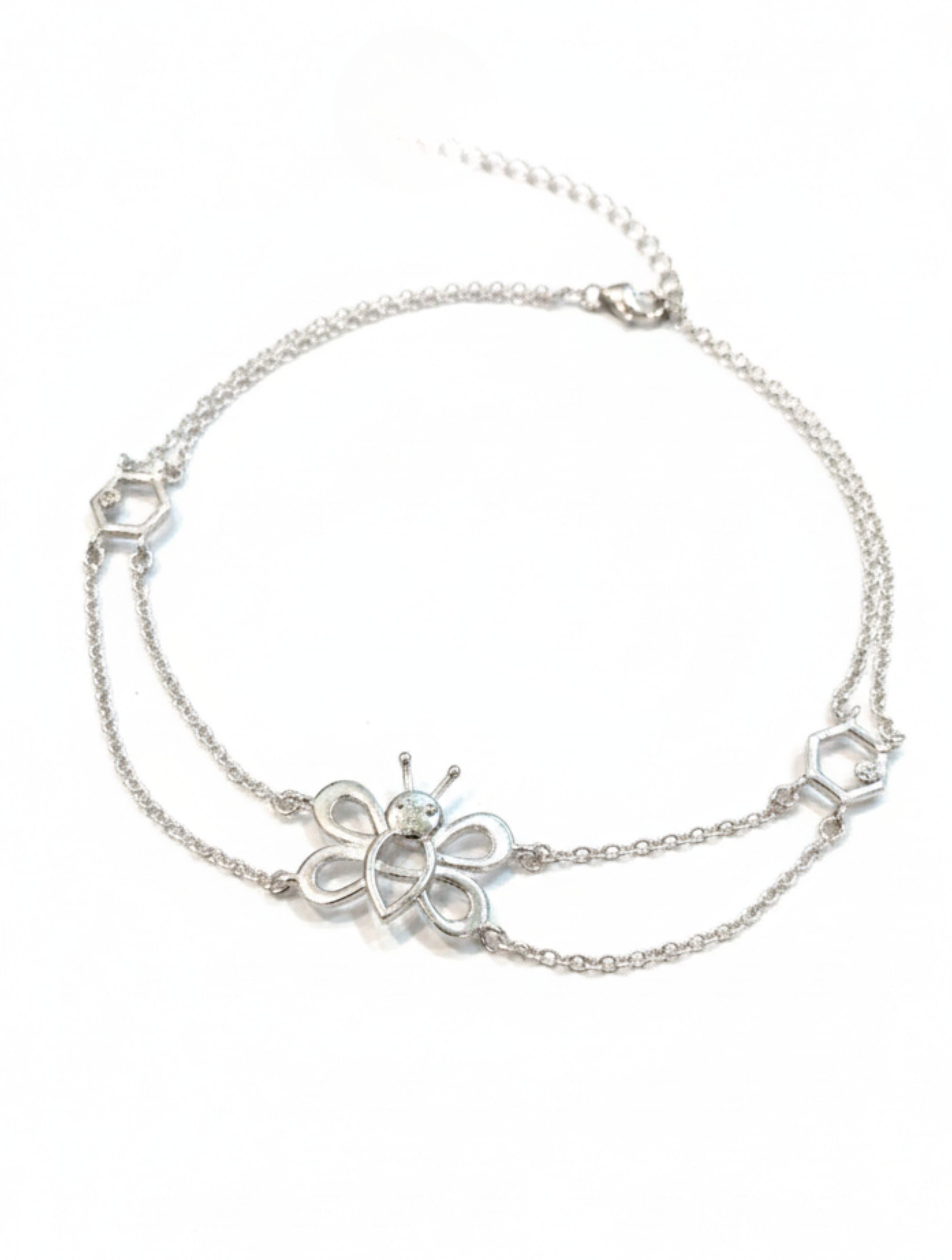 925 Sterling Silver Honeybee & Hexagon Double-Layer Anklet