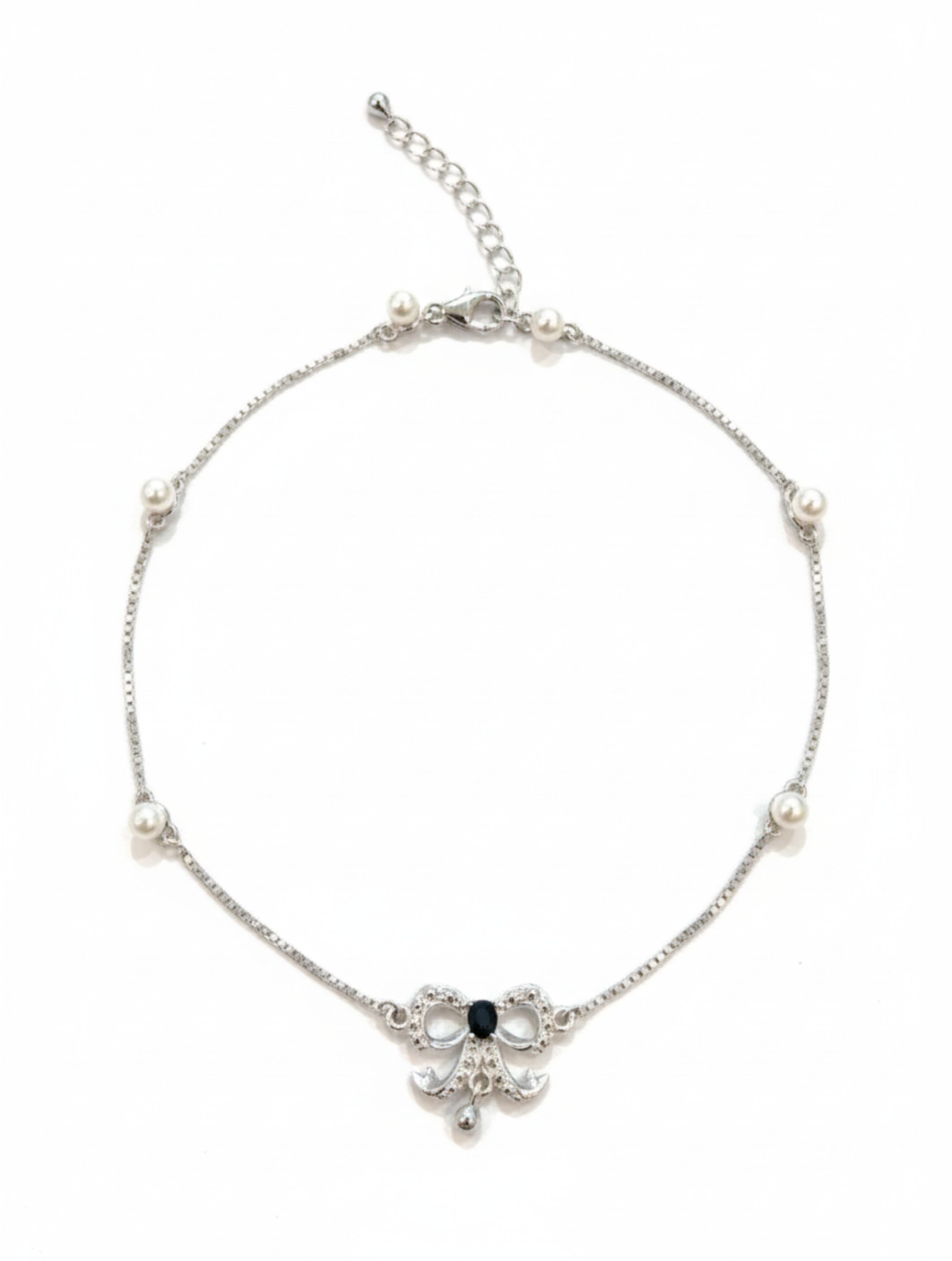 925 Sterling Silver Bow Anklet with Black Onyx & Stationed Pearls