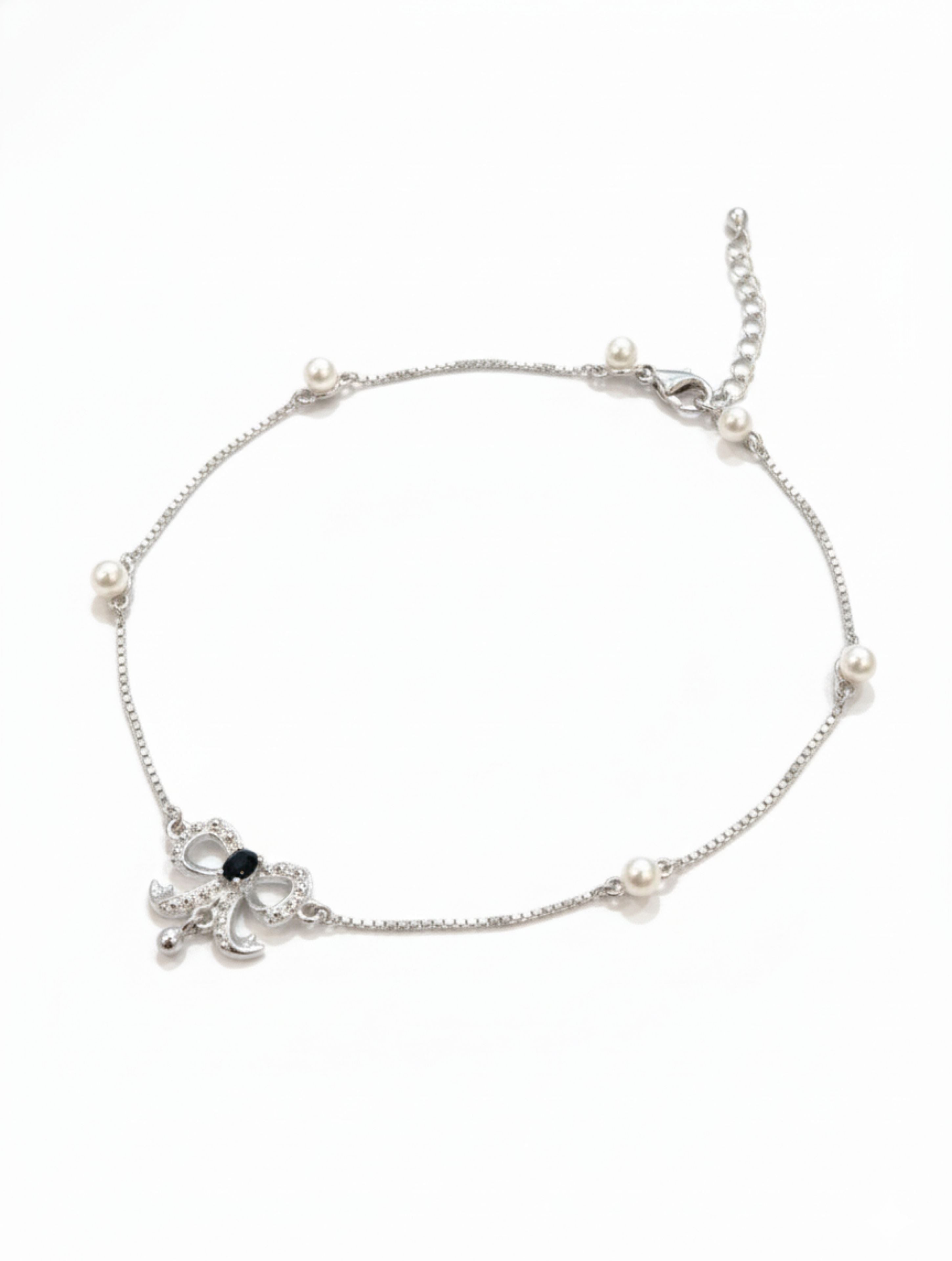 925 Sterling Silver Bow Anklet with Black Onyx & Stationed Pearls