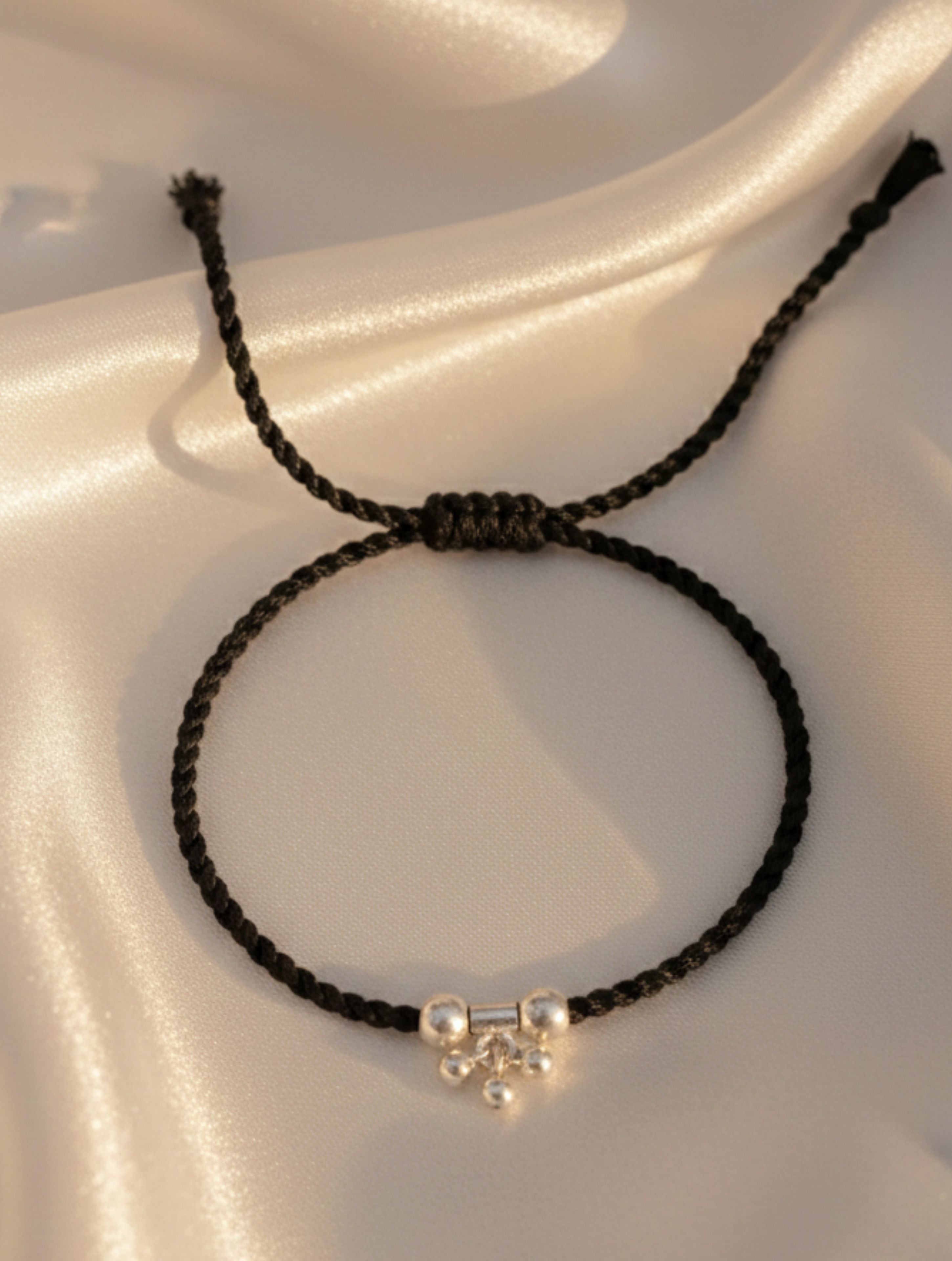 925 Sterling Silver Nazariya Black Thread Anklet with Ghungroo Charms