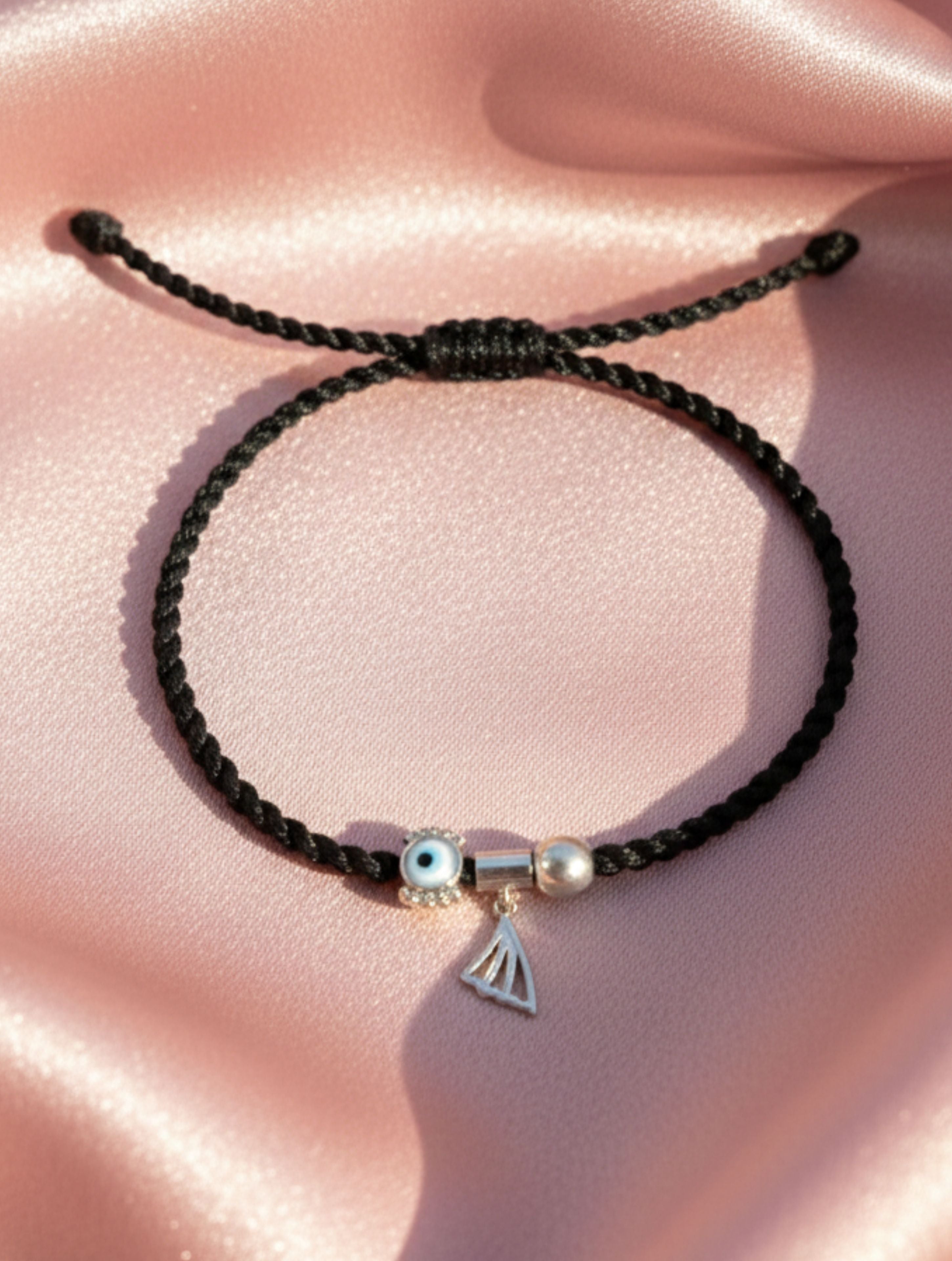 925 Sterling Silver & MOP Evil Eye Black Cord Anklet - Adjustable