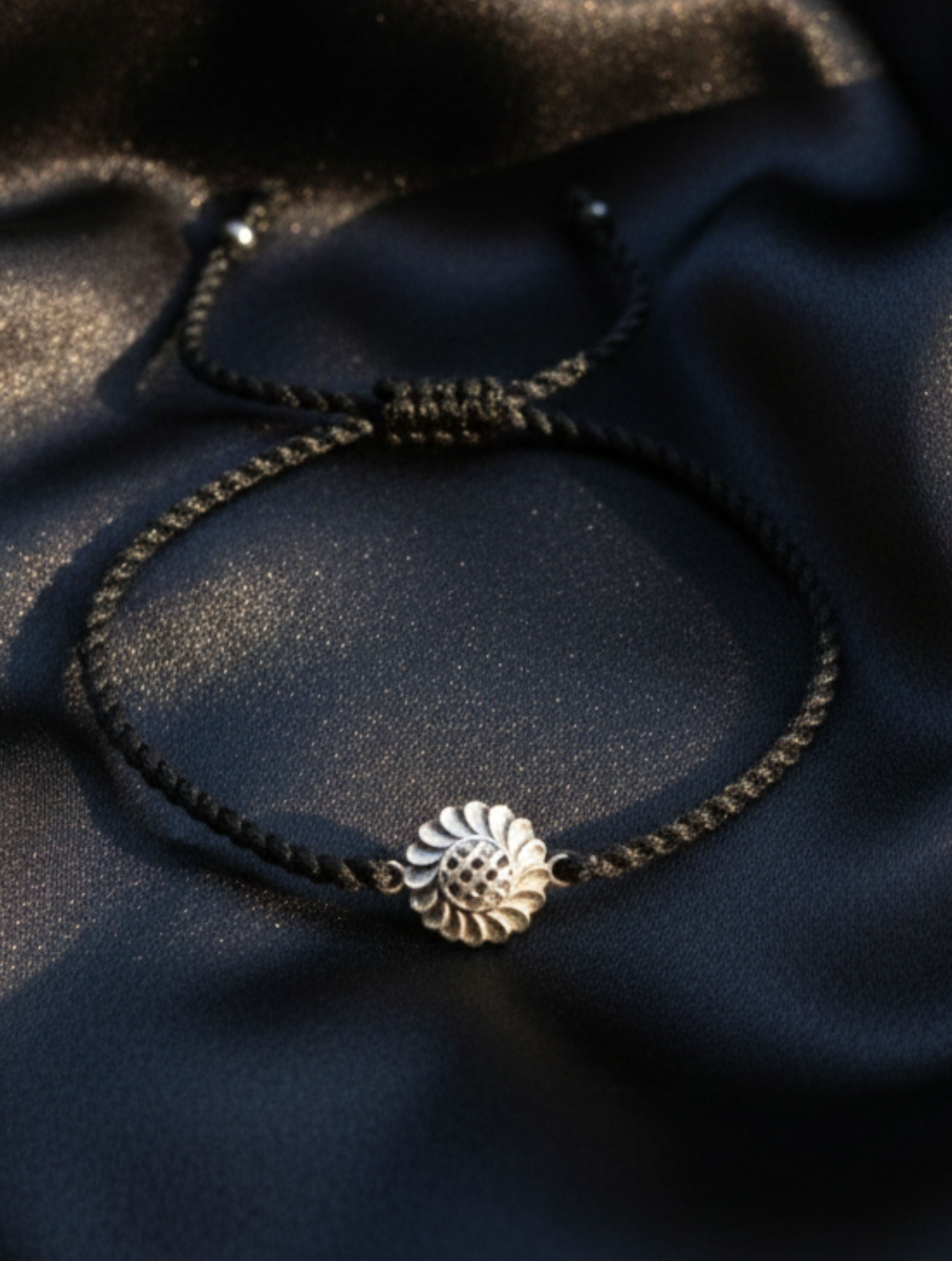 Handcrafted 925 Sterling Silver Sunflower Black Thread Anklet