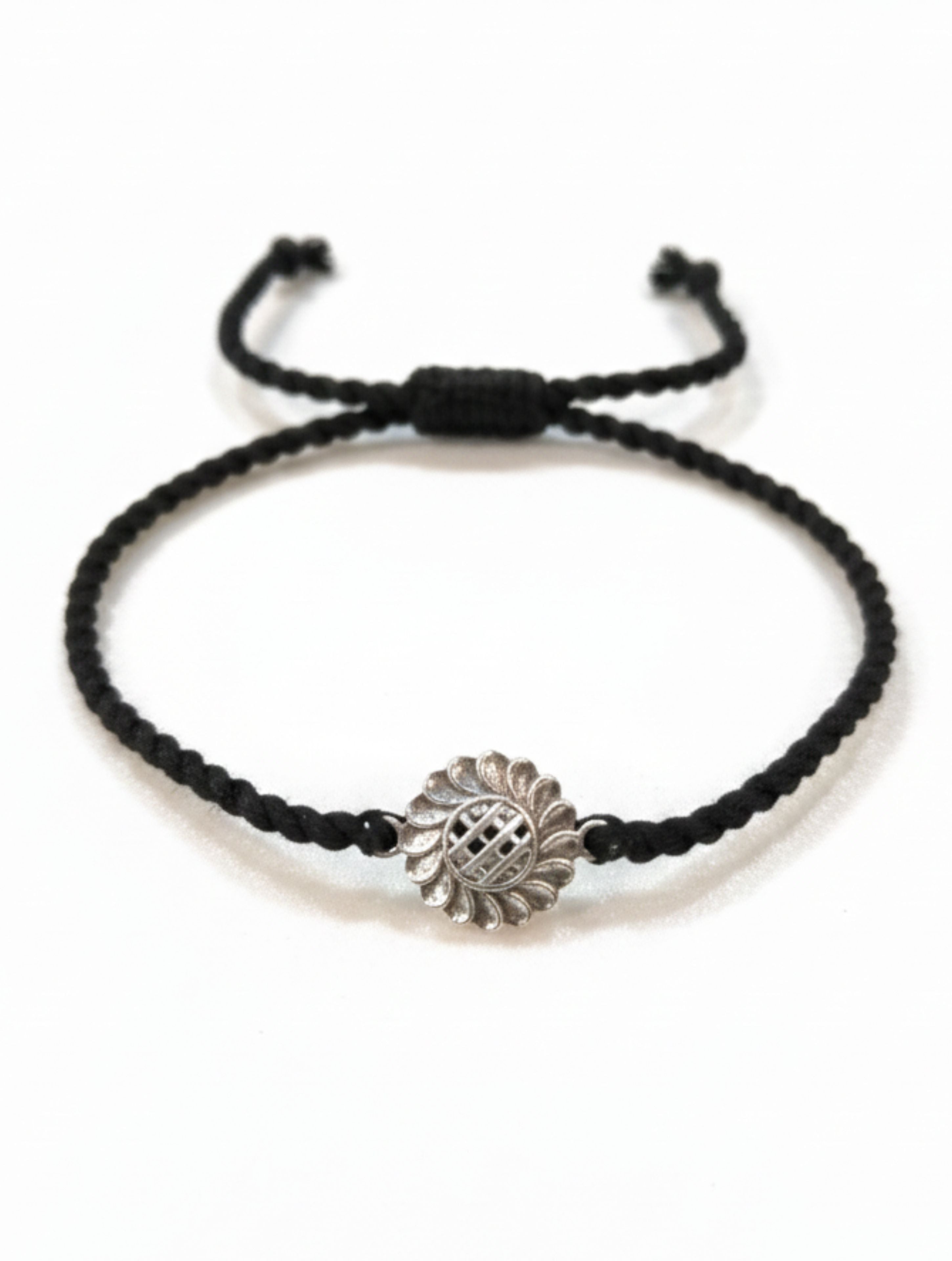 Handcrafted 925 Sterling Silver Sunflower Black Thread Anklet