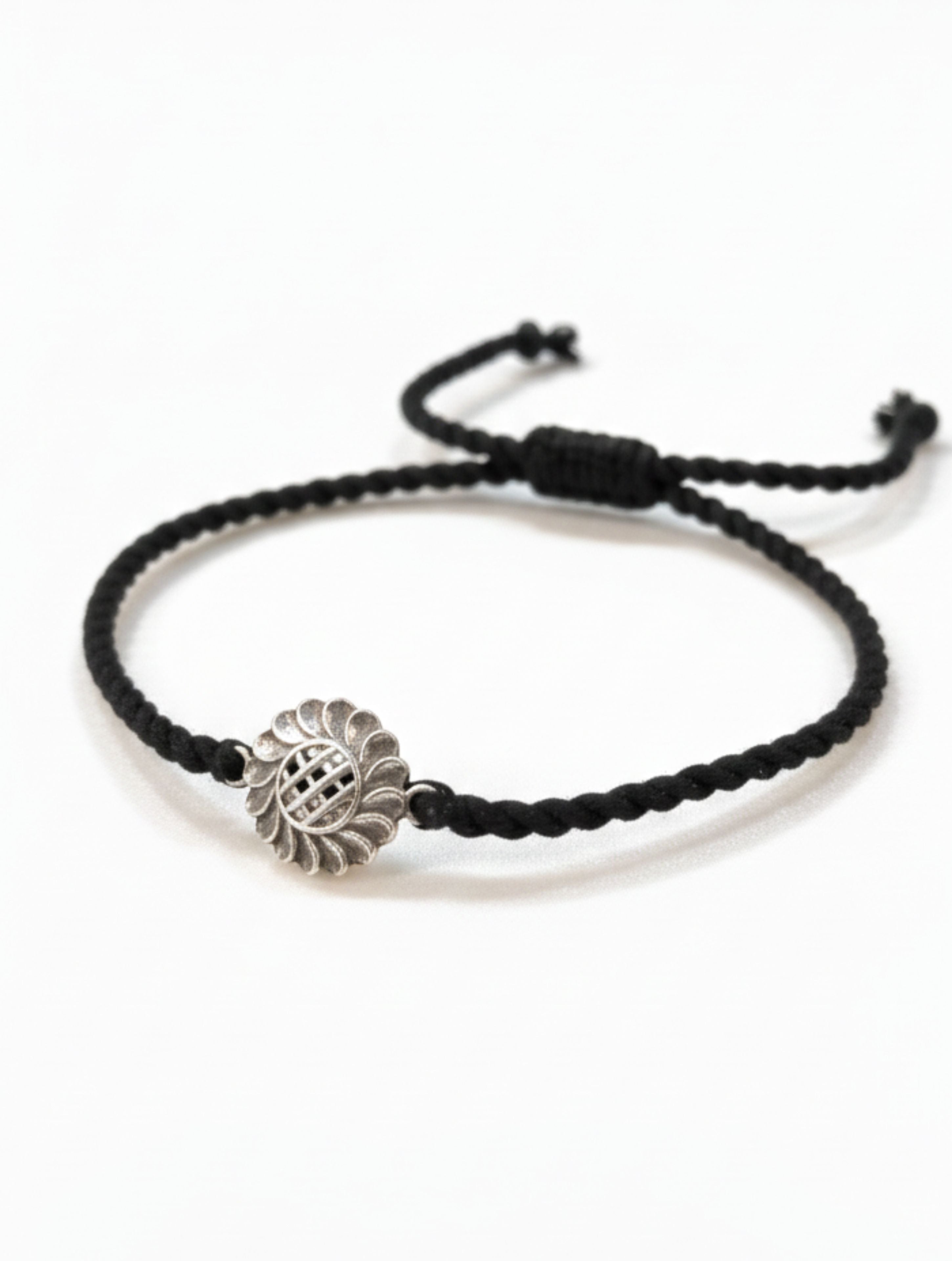 Handcrafted 925 Sterling Silver Sunflower Black Thread Anklet