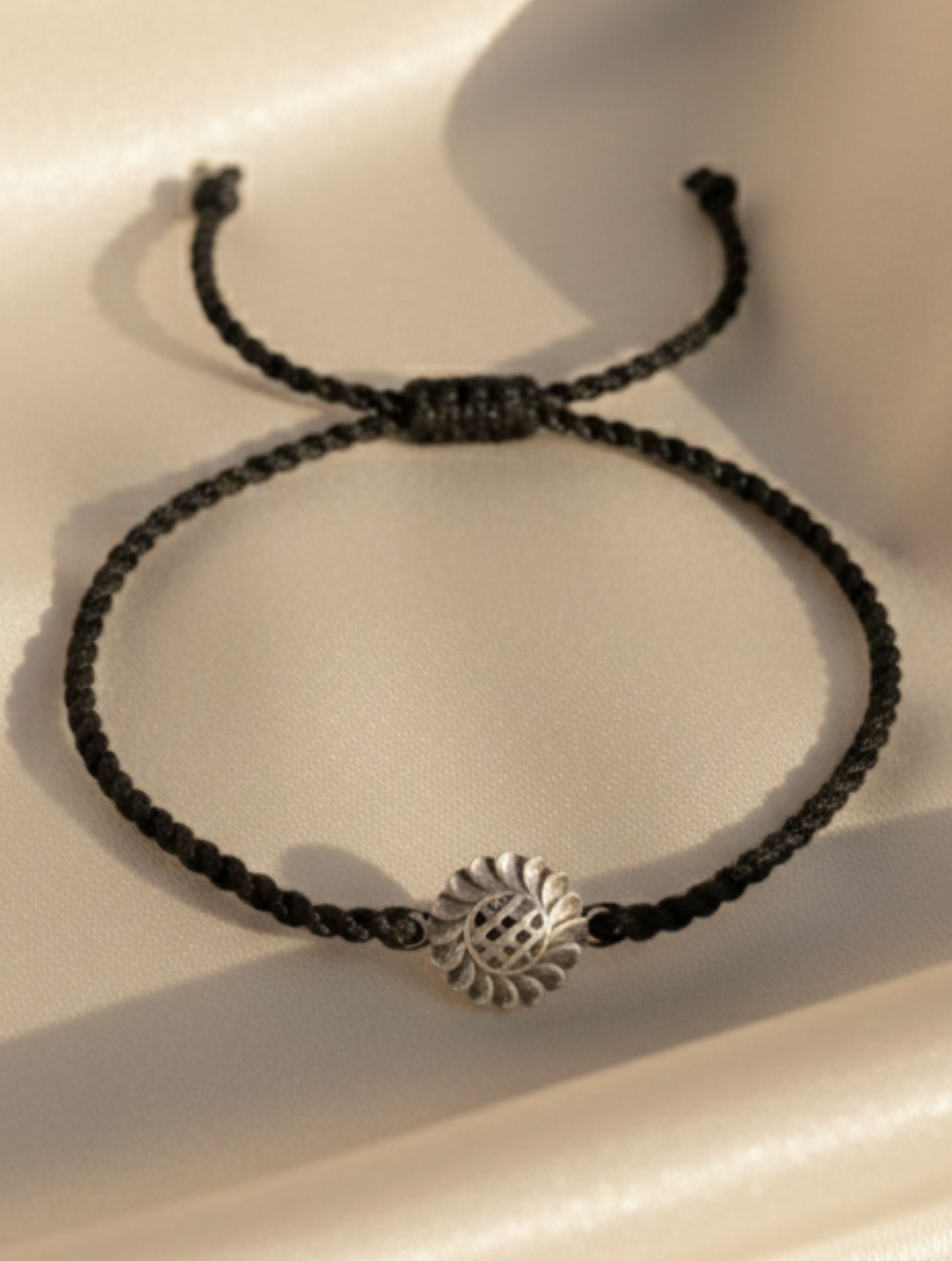 Handcrafted 925 Sterling Silver Sunflower Black Thread Anklet