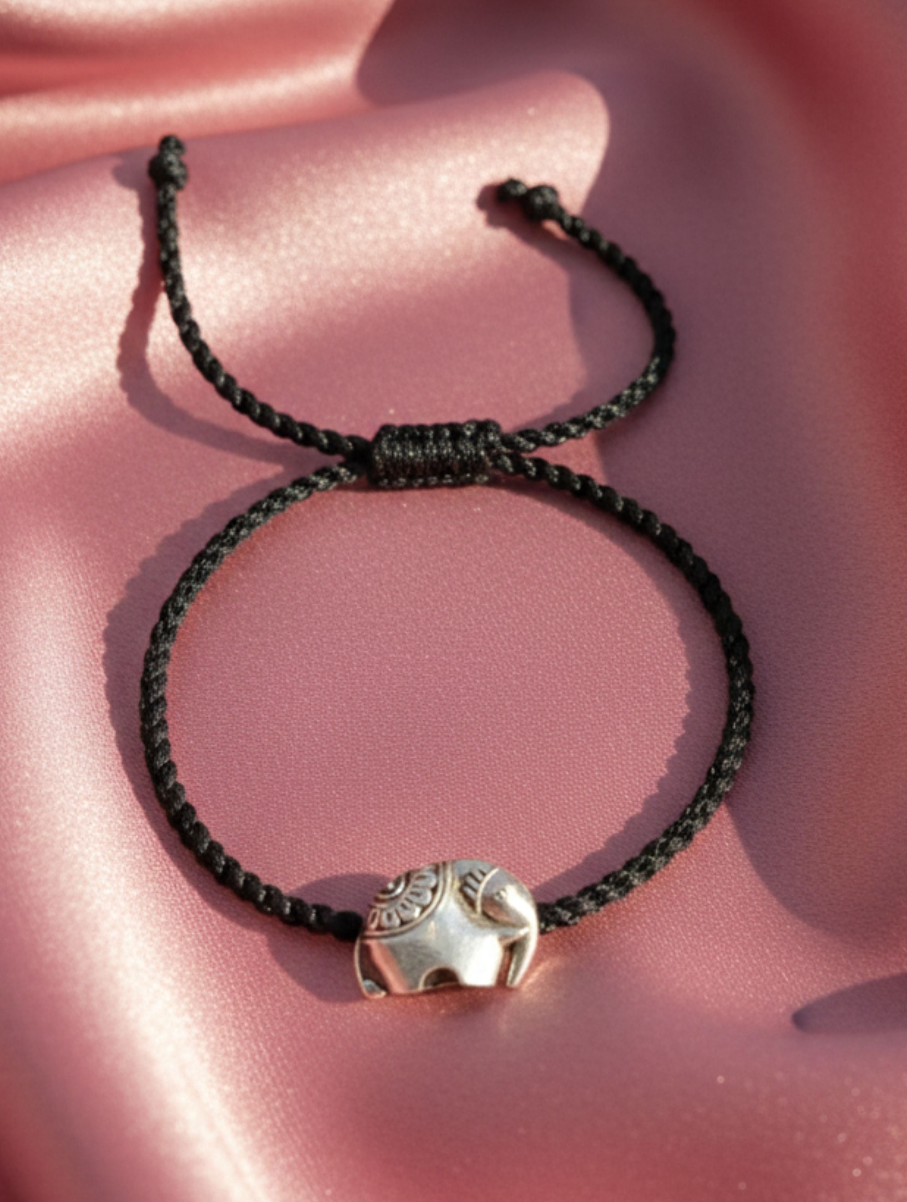 Sterling Silver Elephant Charm Adjustable Cord Anklet