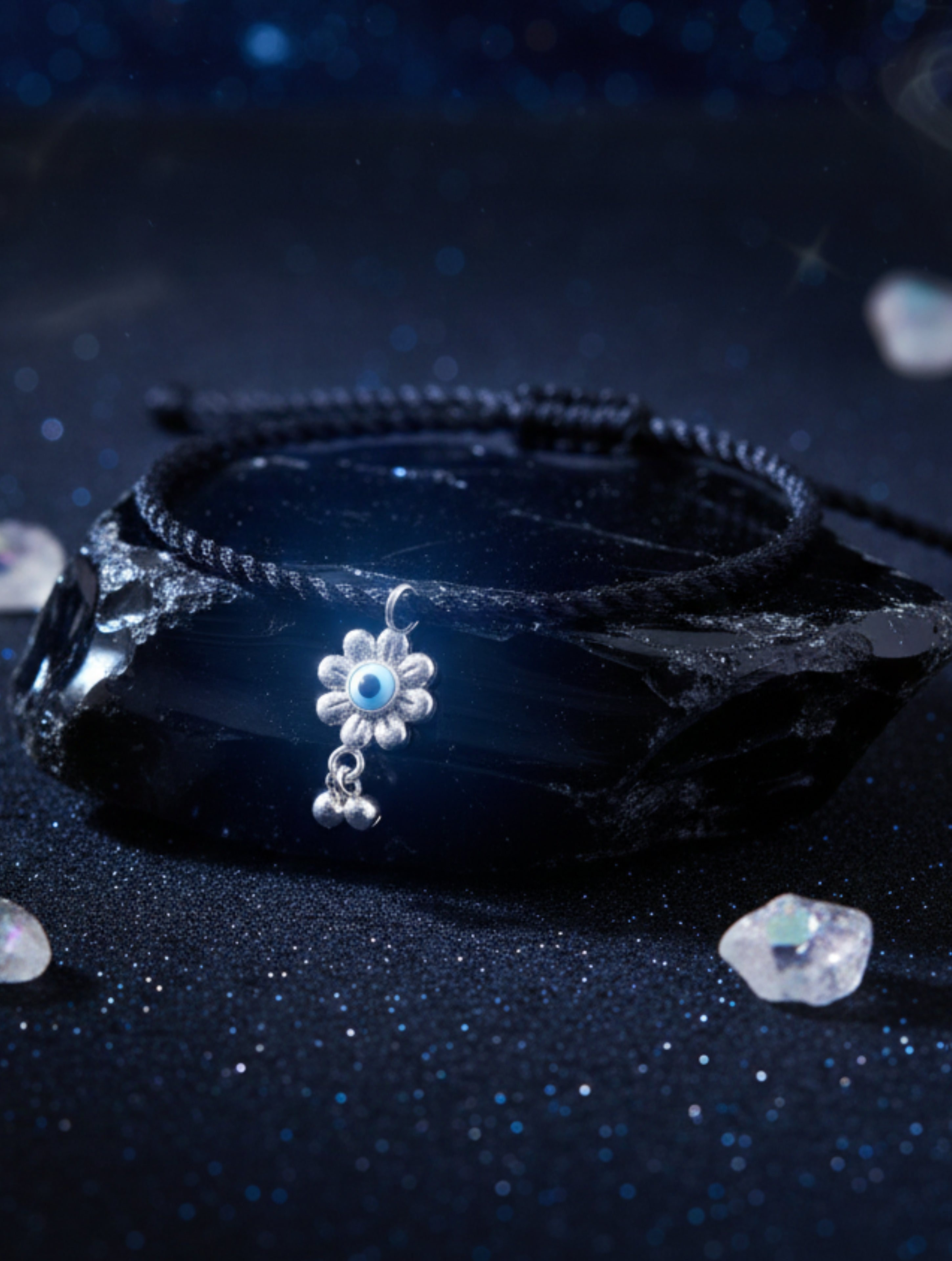 Adjustable Black Thread Anklet with Silver MOP Evil Eye Flower Charm