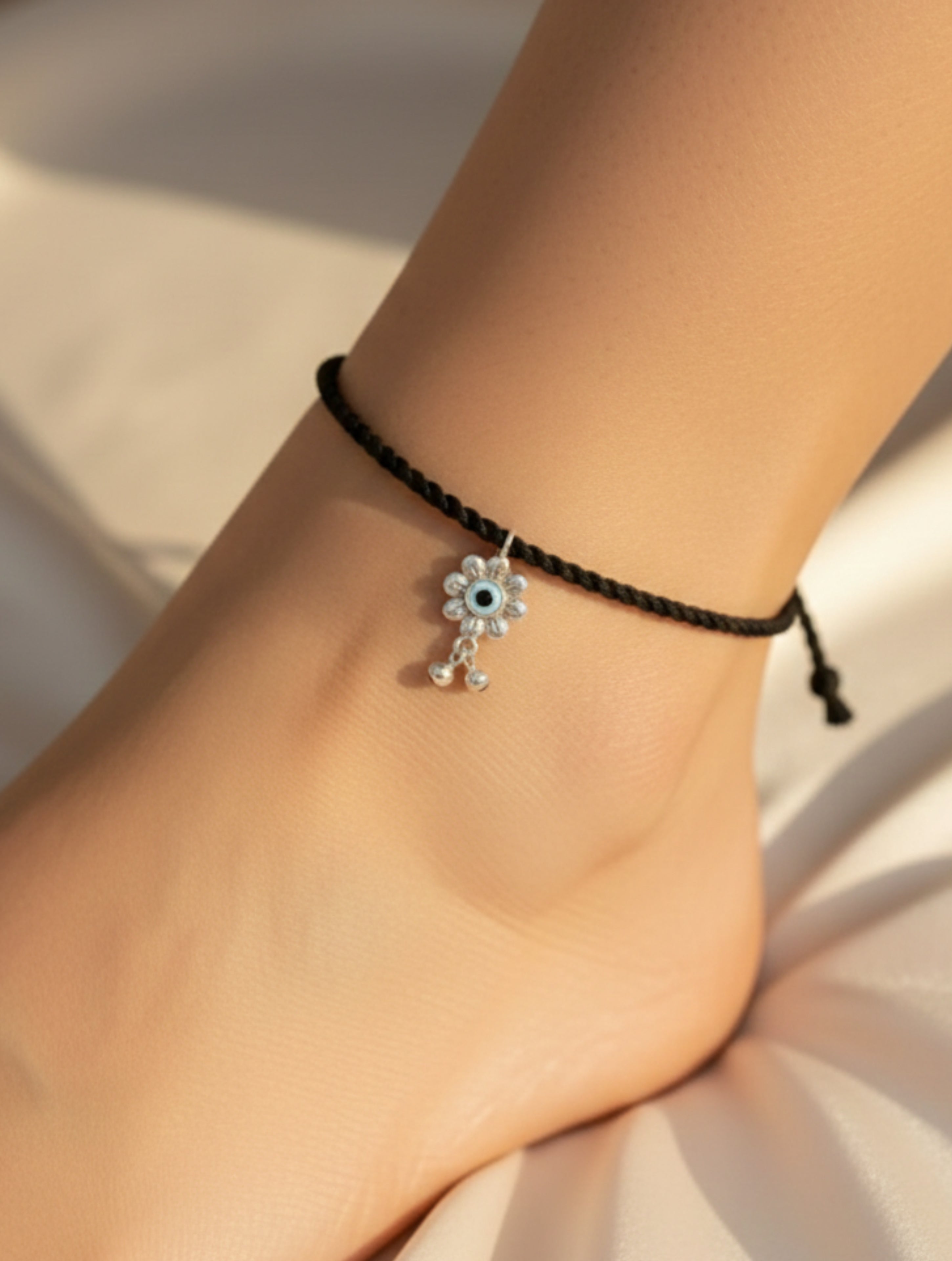 Adjustable Black Thread Anklet with Silver MOP Evil Eye Flower Charm