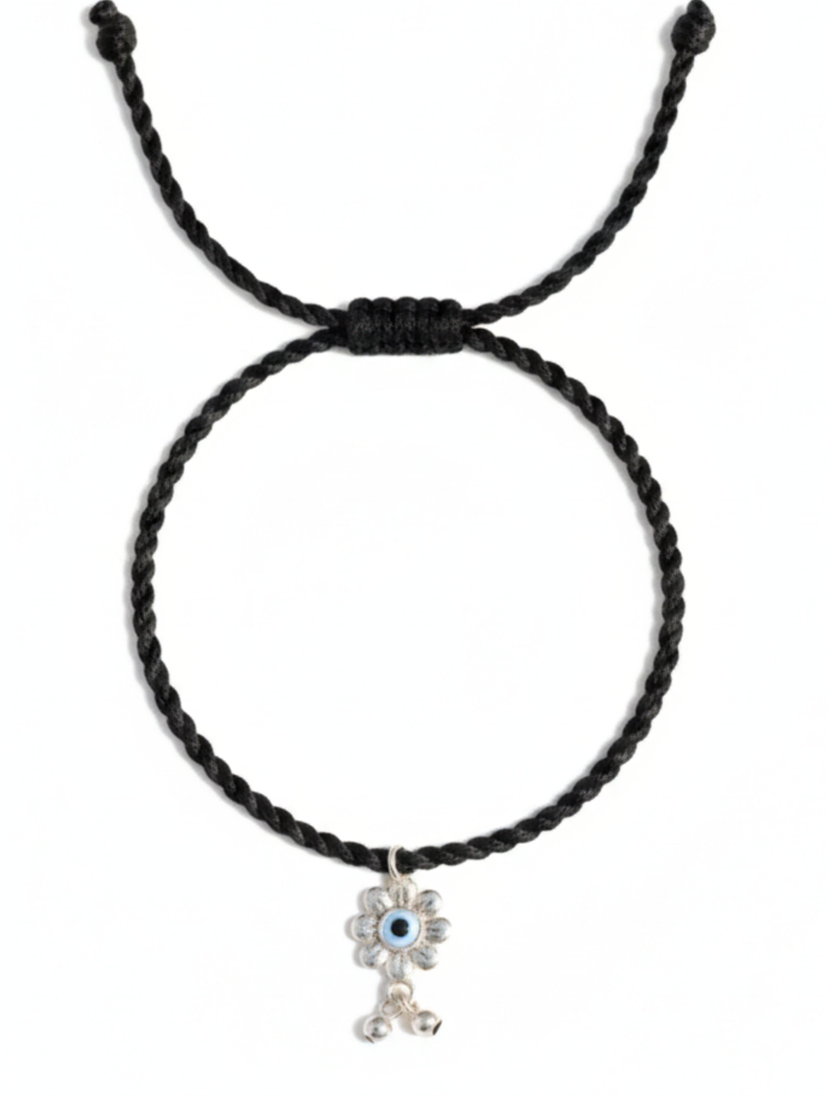 Adjustable Black Thread Anklet with Silver MOP Evil Eye Flower Charm